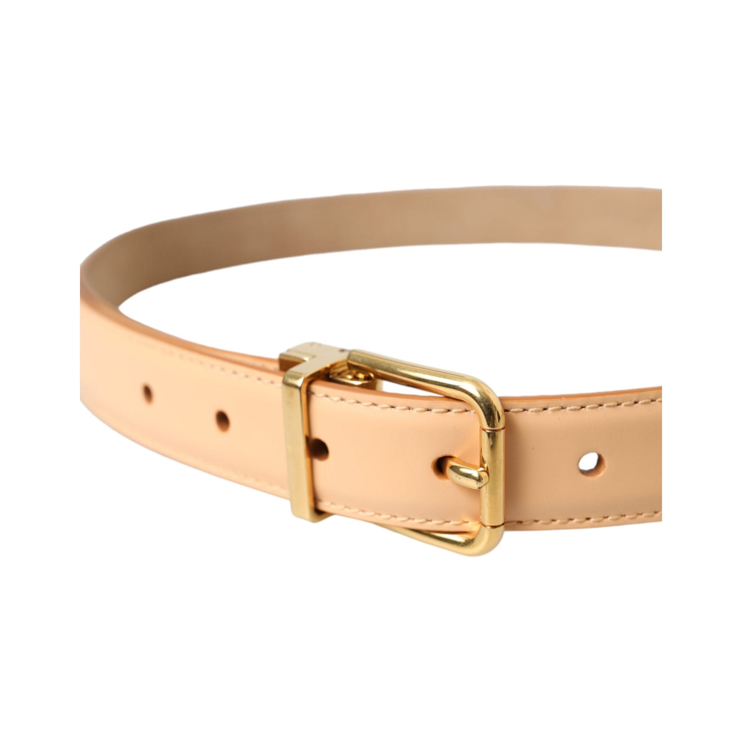 Beige Calfskin Leather Gold Metal Buckle Belt