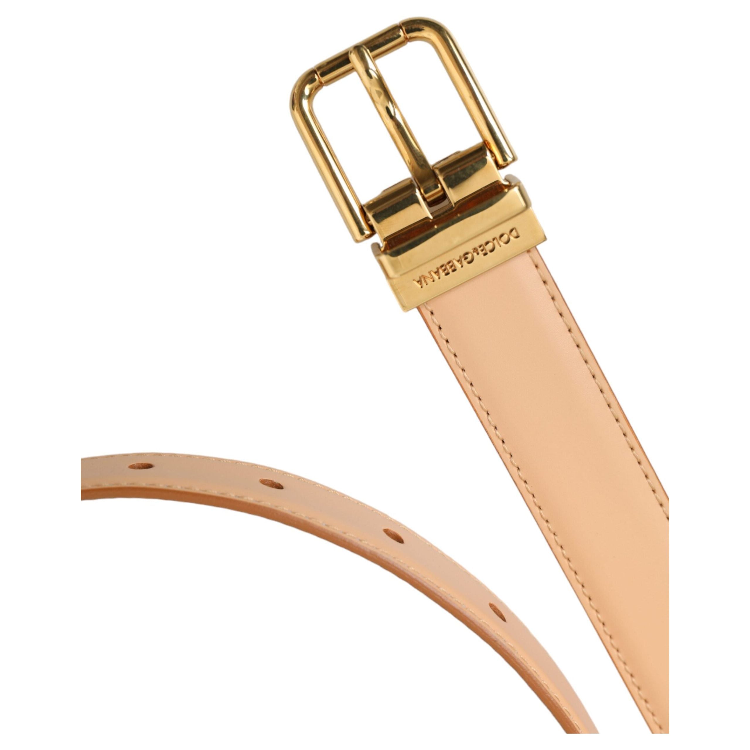 Beige Calfskin Leather Gold Metal Buckle Belt