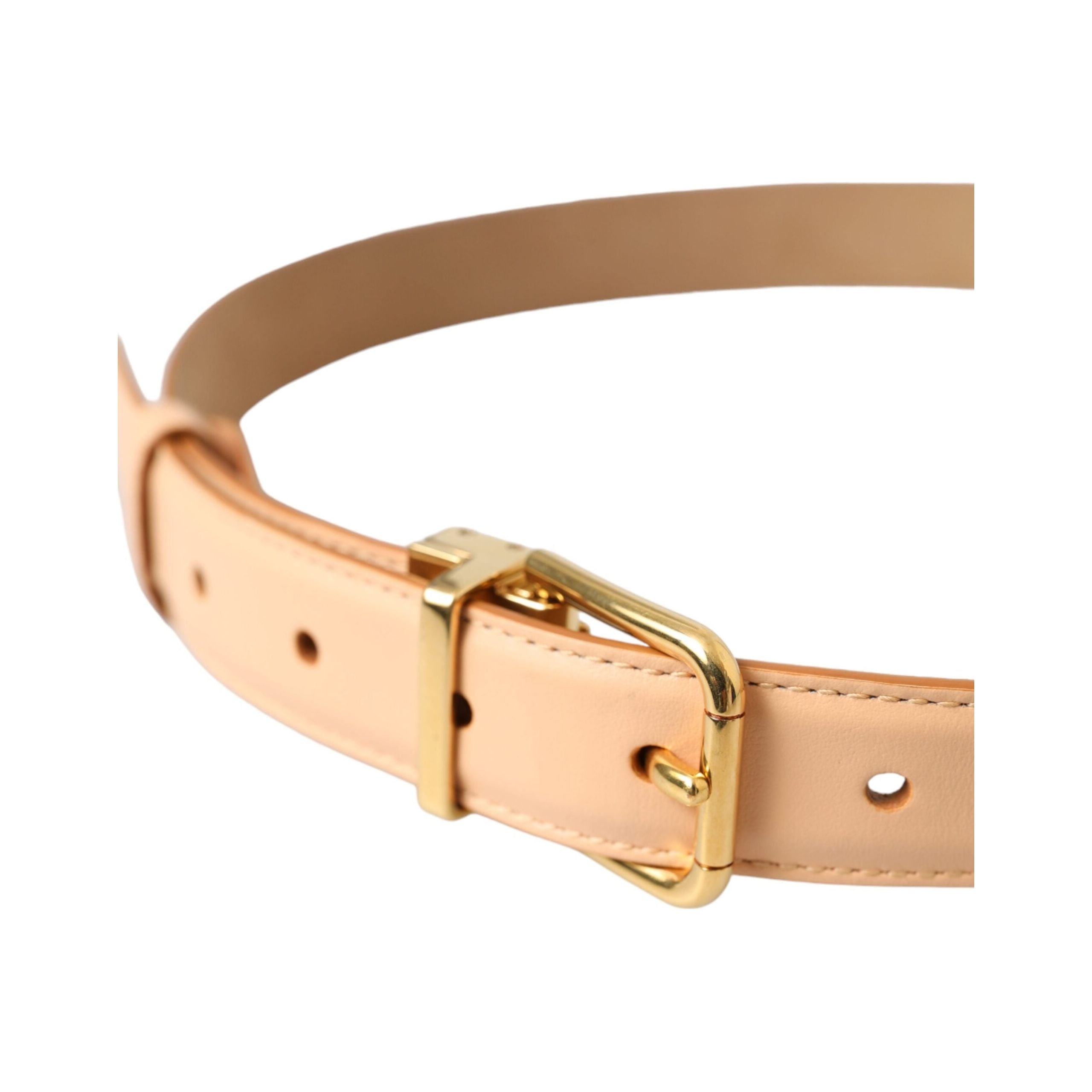 Beige Calfskin Leather Gold Metal Buckle Belt