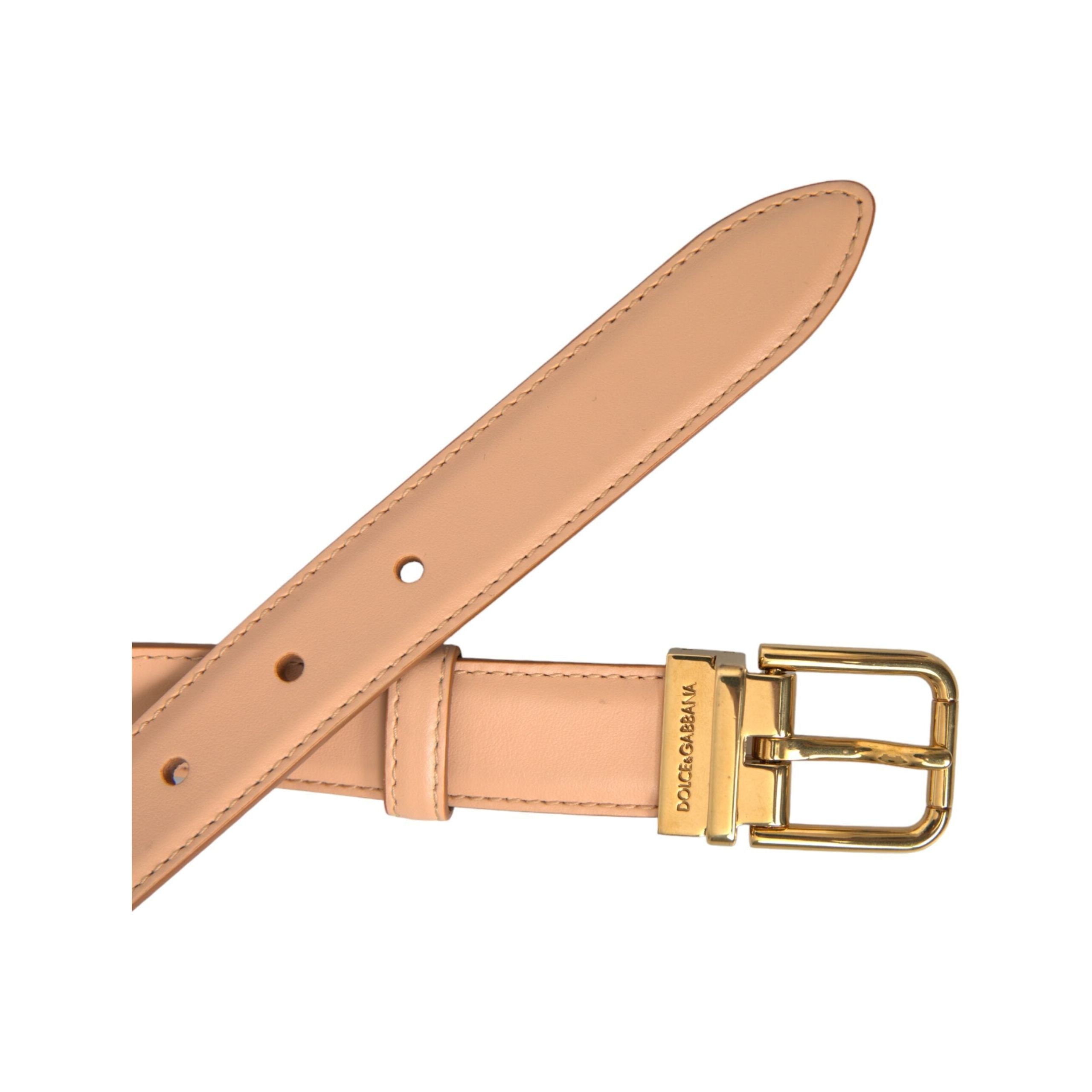 Beige Calfskin Leather Gold Metal Buckle Belt