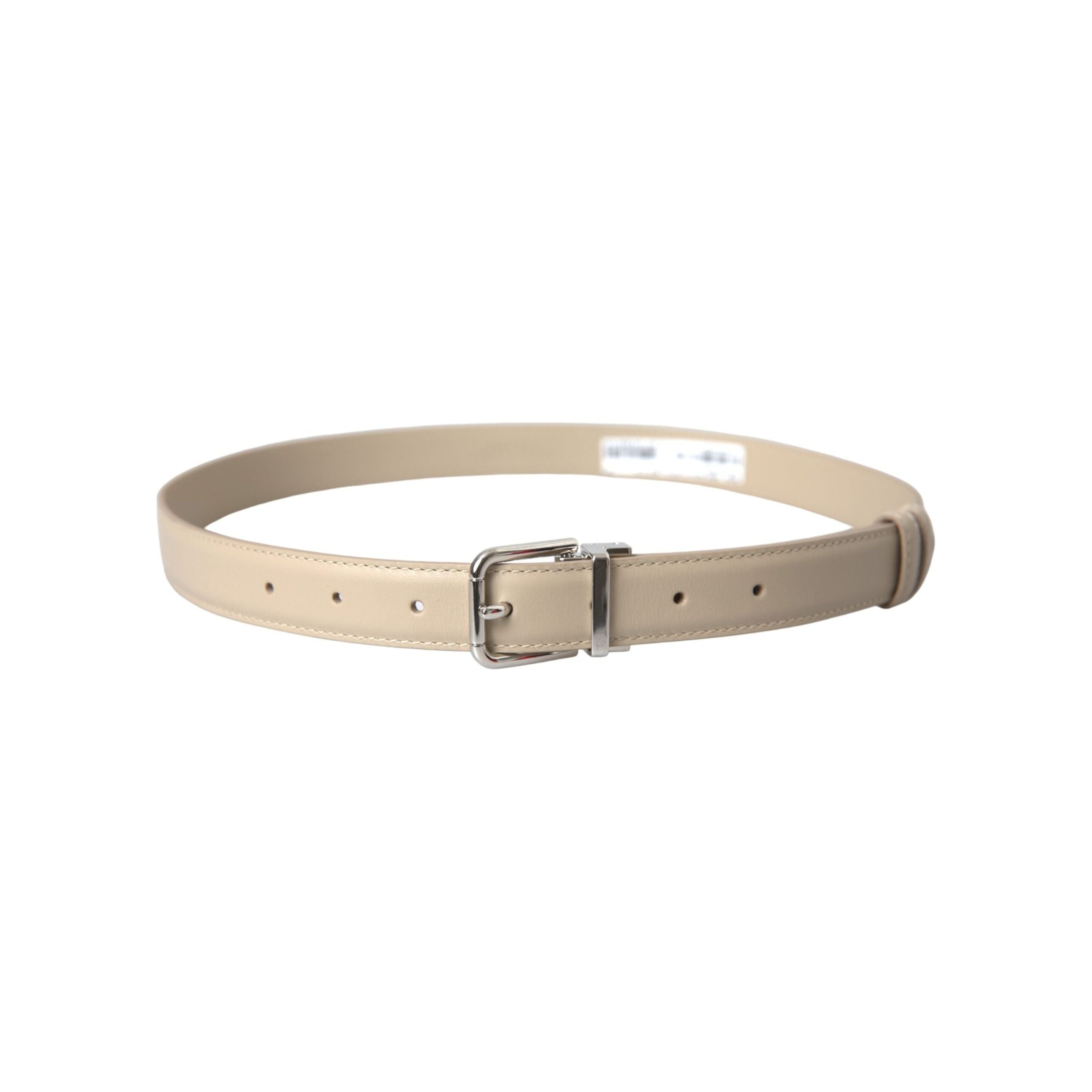 Beige Calfskin Leather Silver Metal Buckle Belt