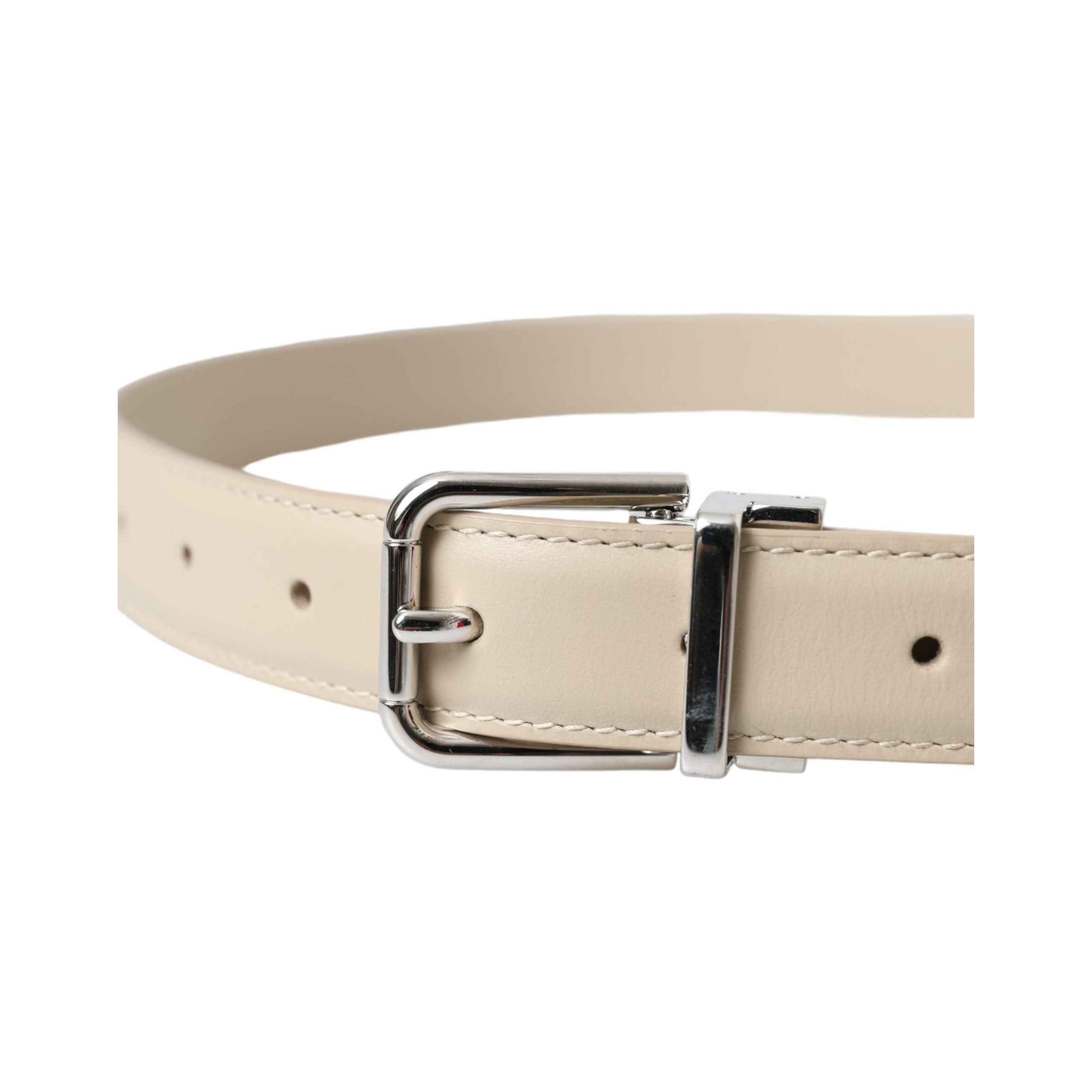 Beige Calfskin Leather Silver Metal Buckle Belt