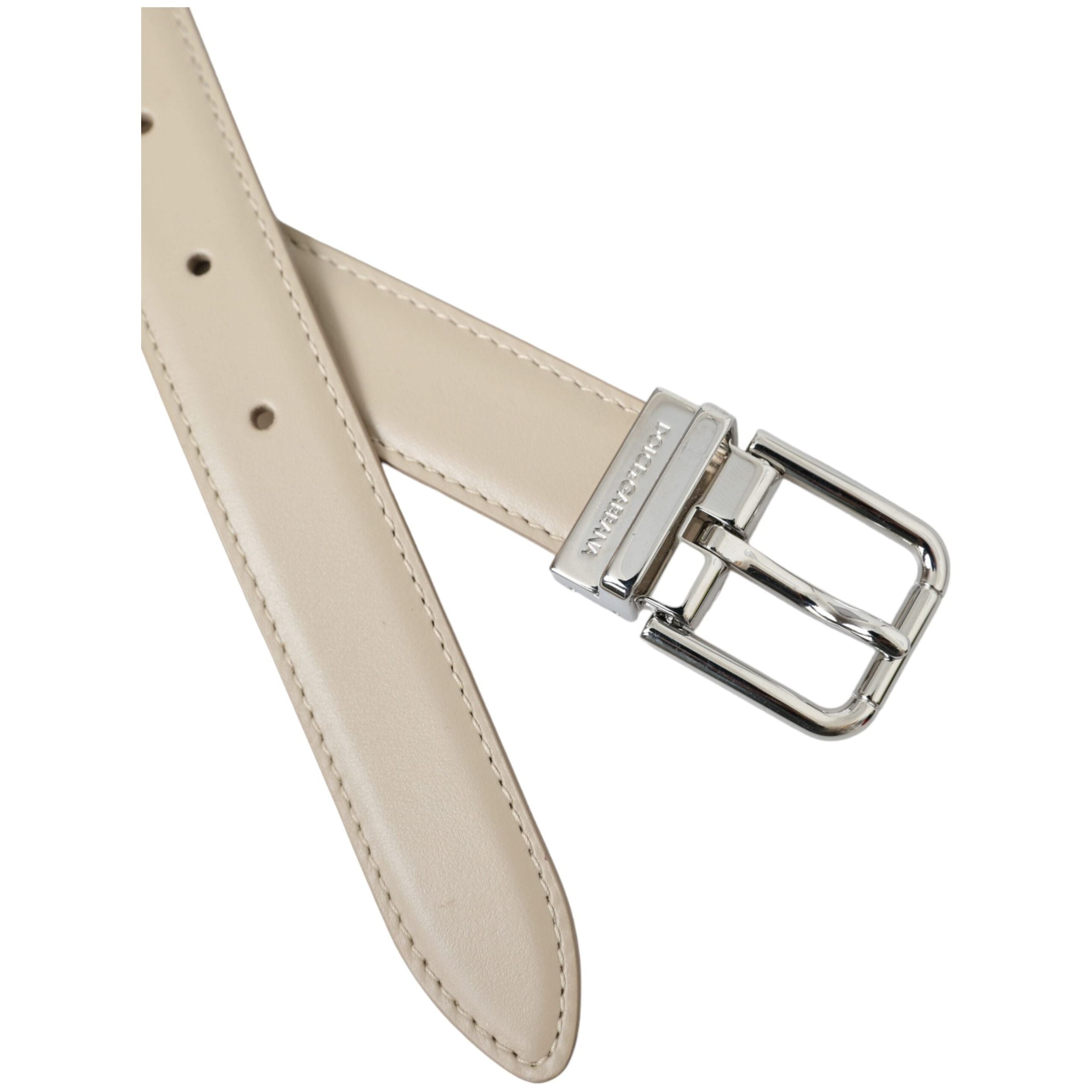 Beige Calfskin Leather Silver Metal Buckle Belt