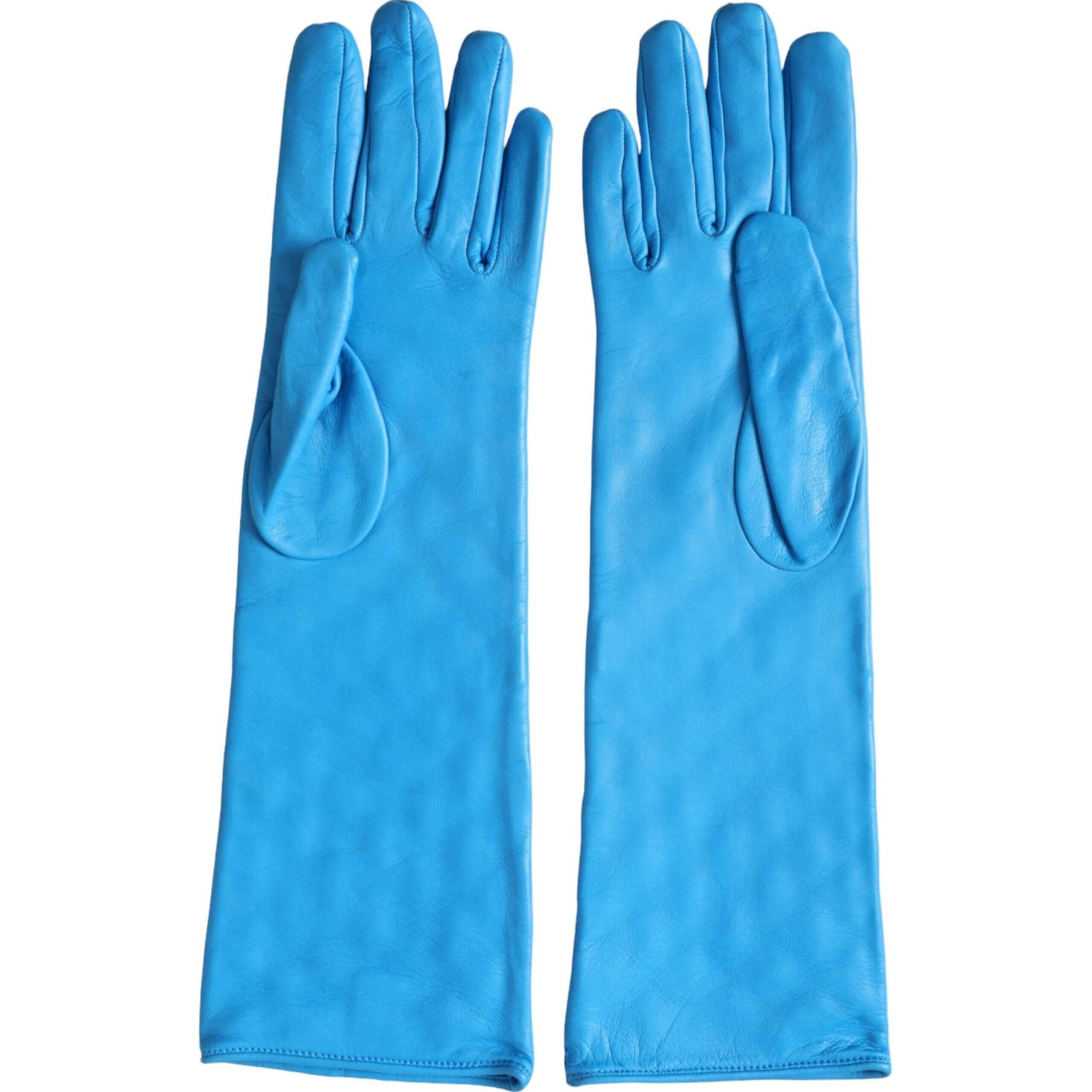 Blue Leather Quilted Mid Arm Length Gloves