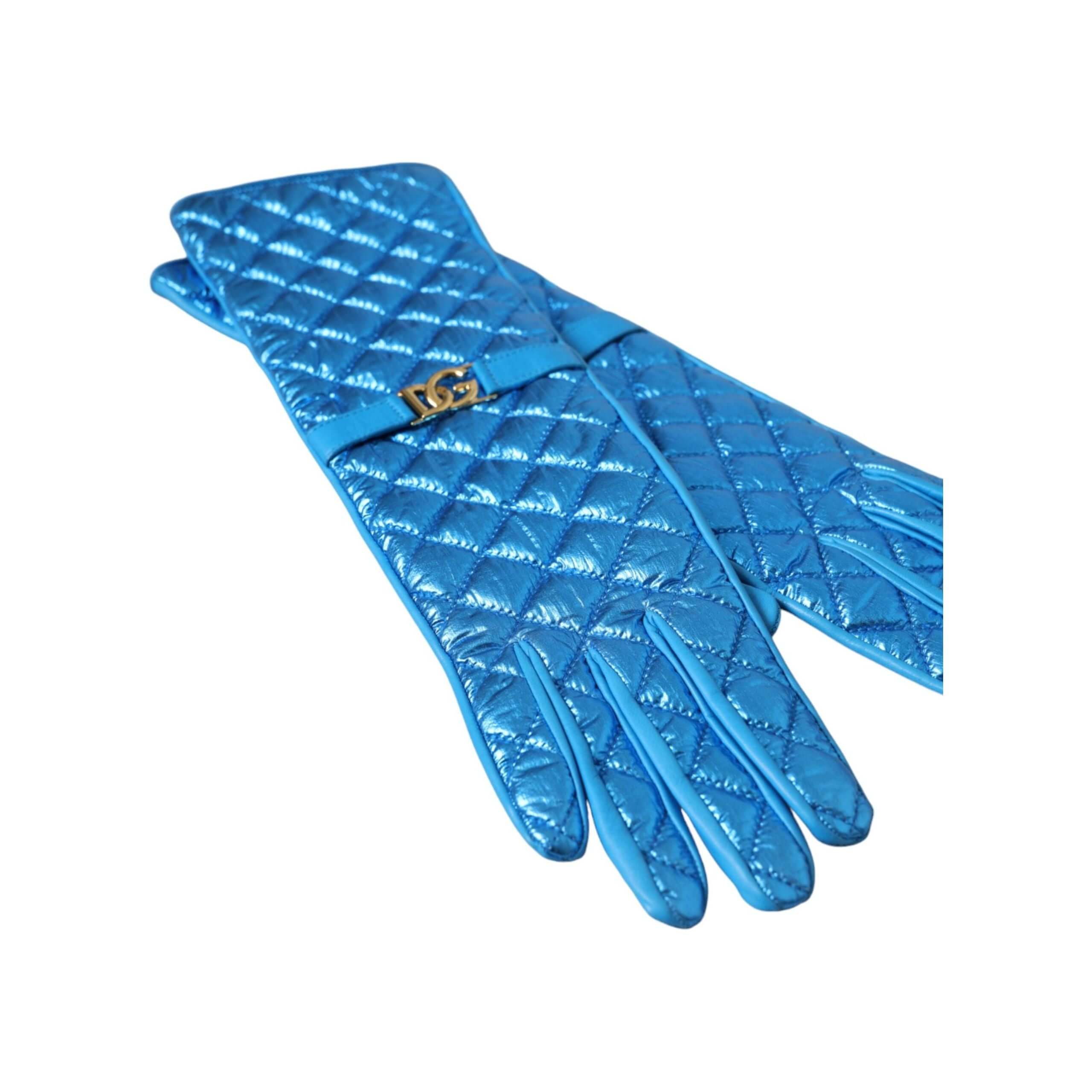 Blue Leather Quilted Mid Arm Length Gloves