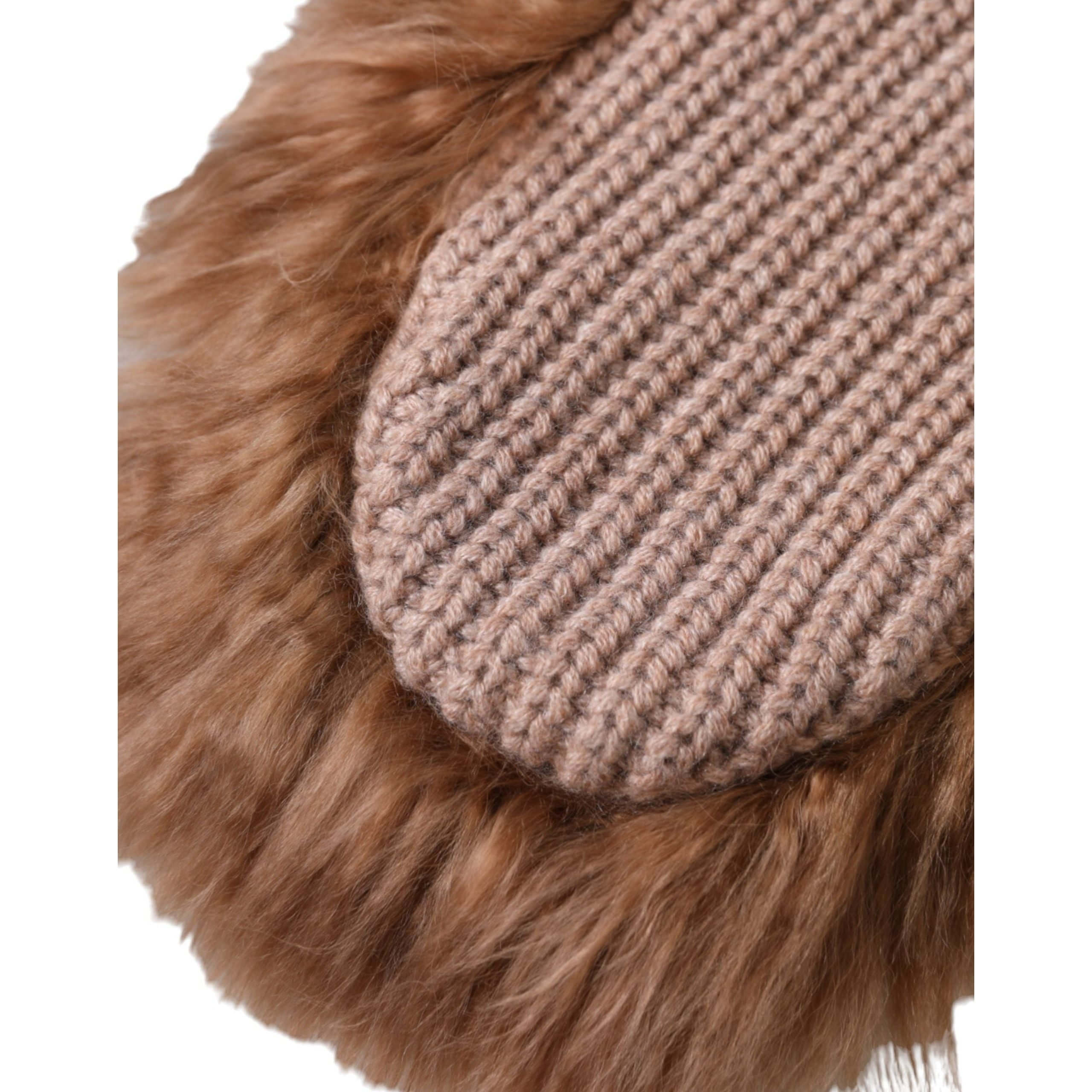 Brown Cashmere Knitted Fur Mid Arm Mitten Gloves