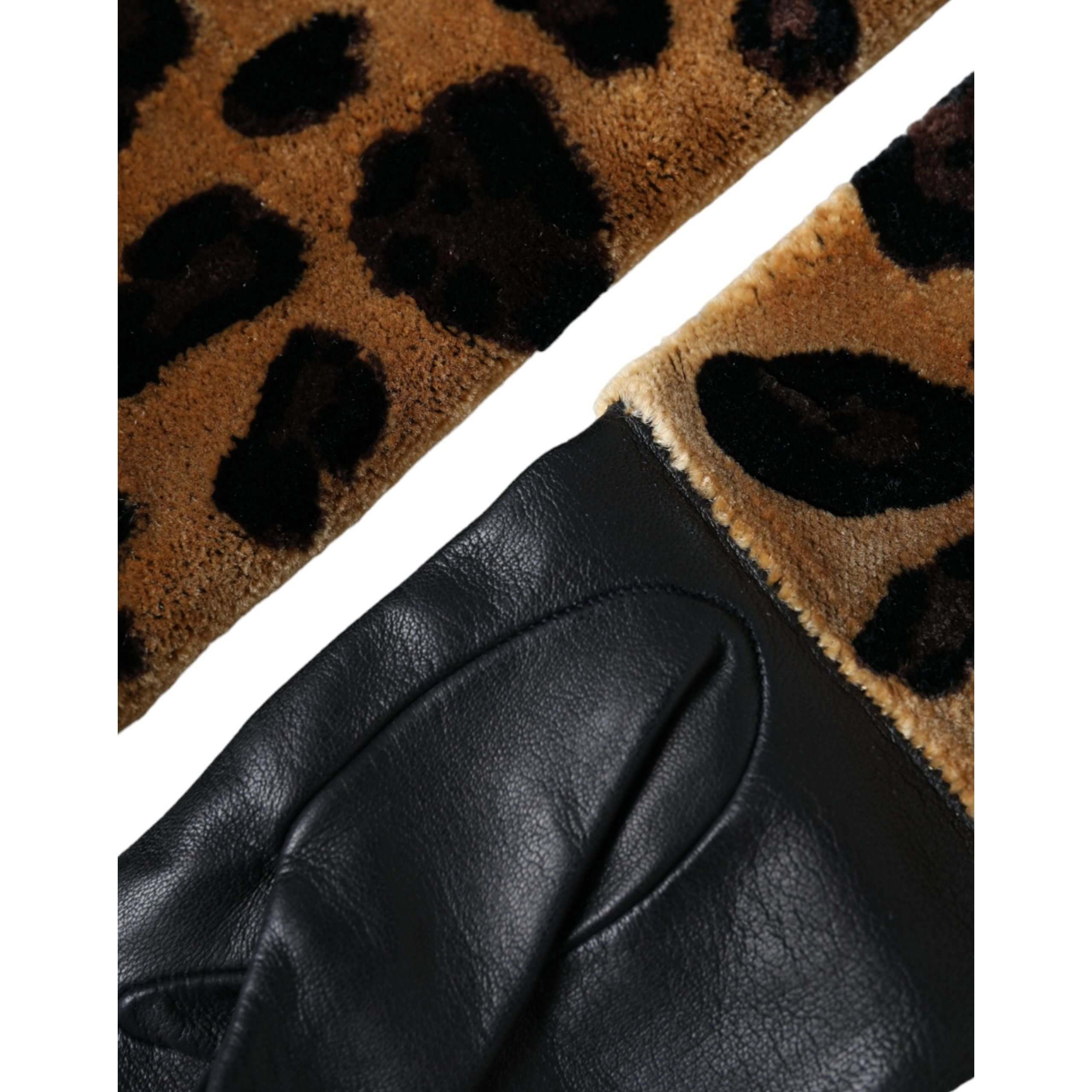 Brown Black Leopard Leather Elbow Length Gloves