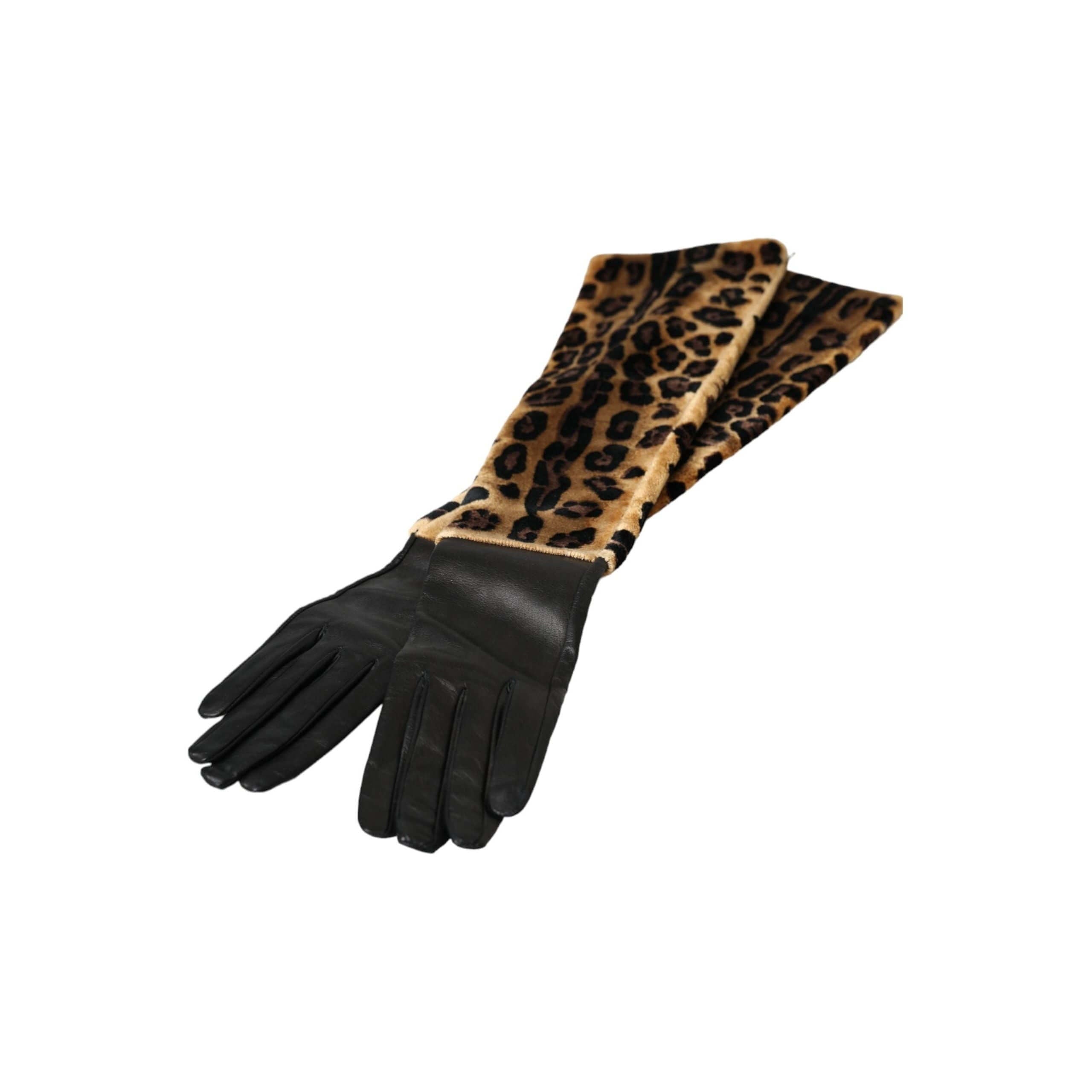 Brown Black Leopard Leather Elbow Length Gloves