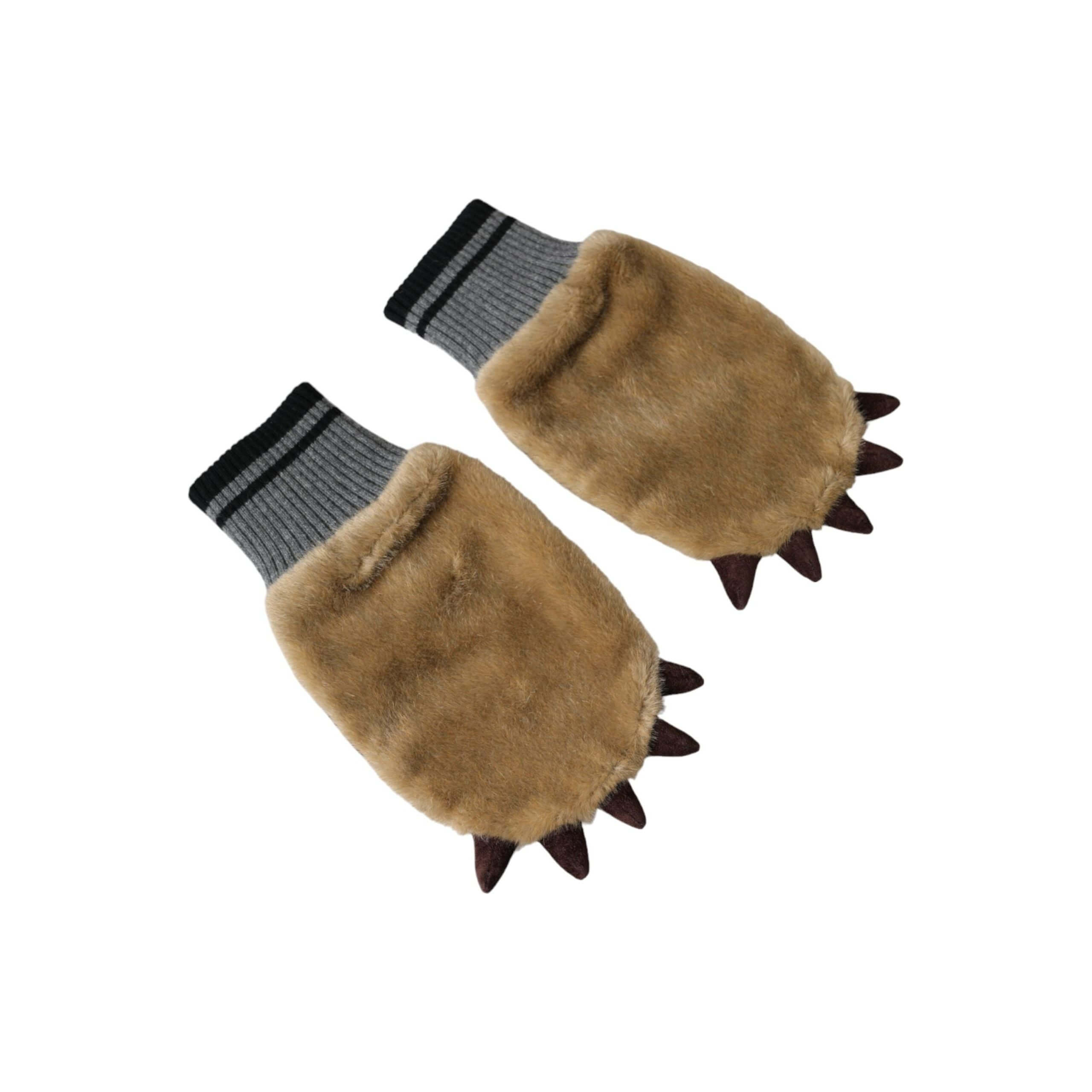 Beige Acrylic Knitted Fur Wrist Mitten Gloves