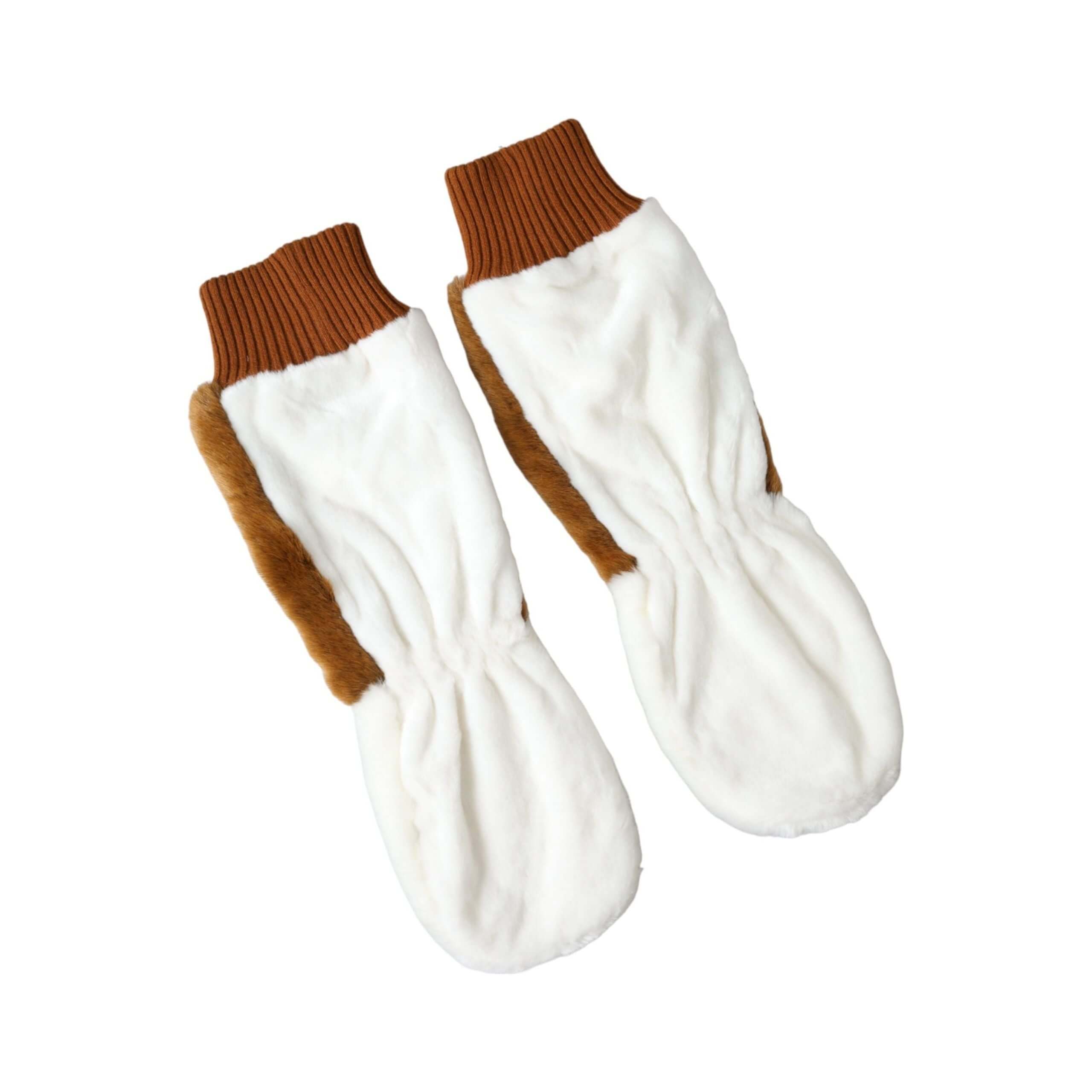 Brown White Acrylic Knitted Fur Mitten Gloves