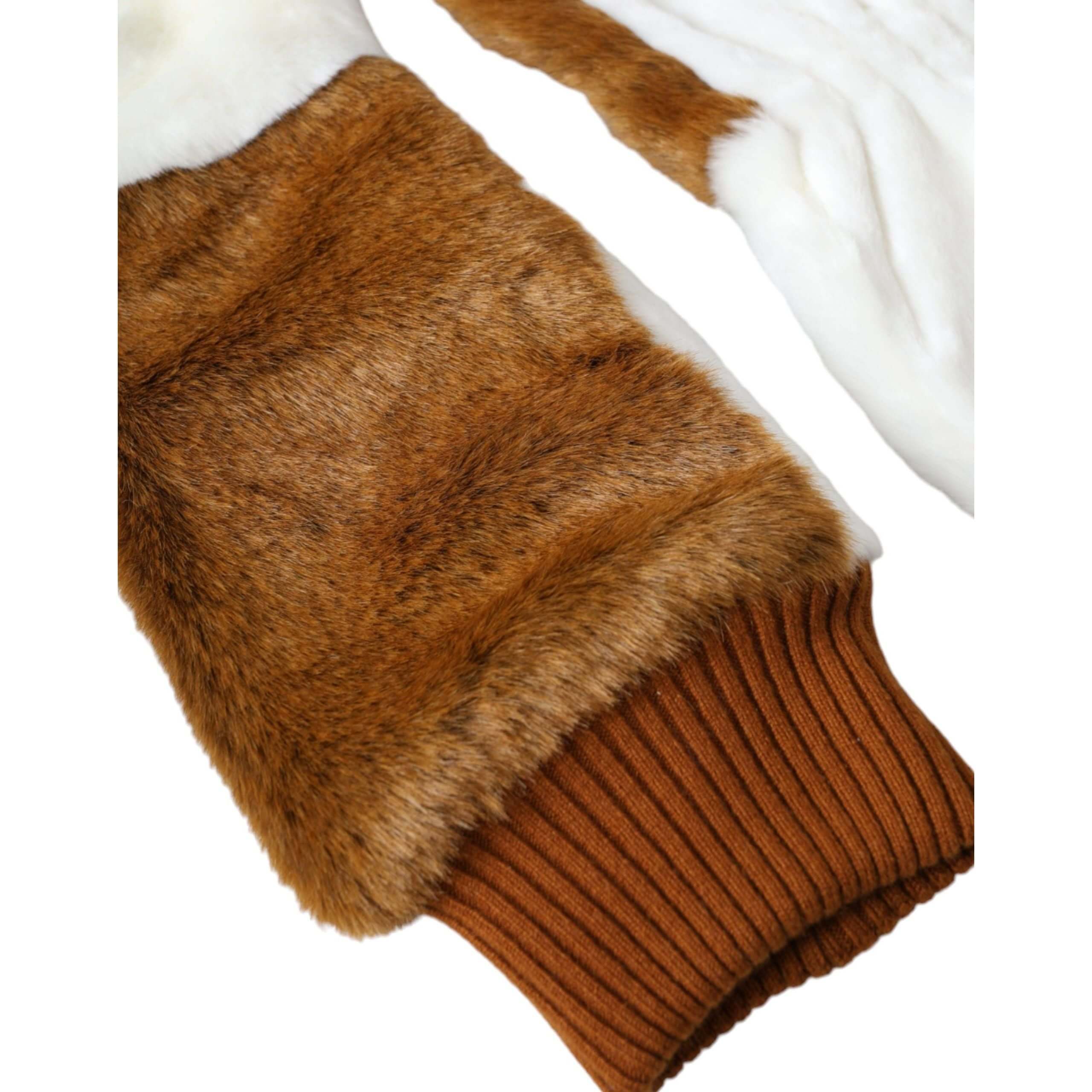 Brown White Acrylic Knitted Fur Mitten Gloves