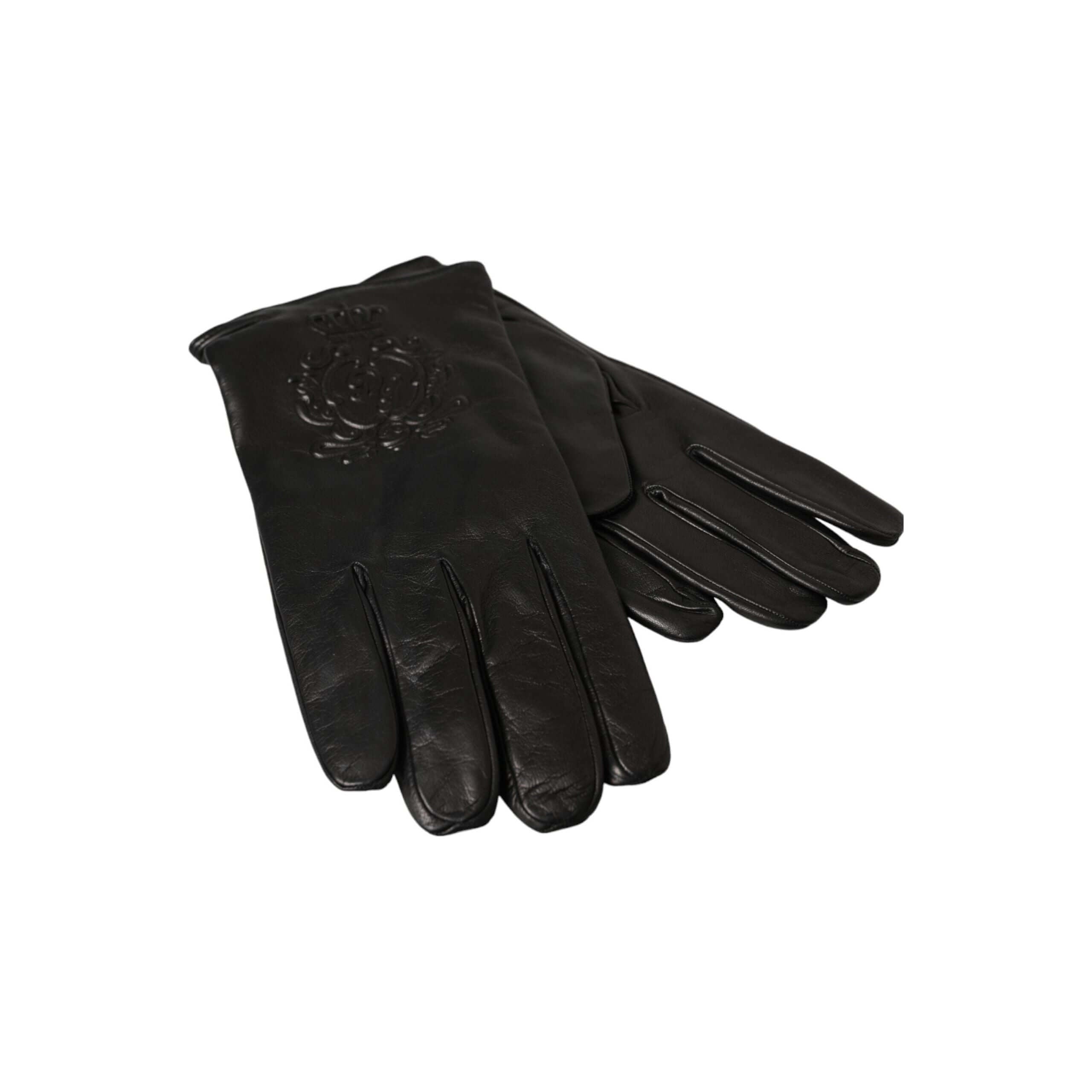 Black Leather Embossed Logo Short Hands Gloves