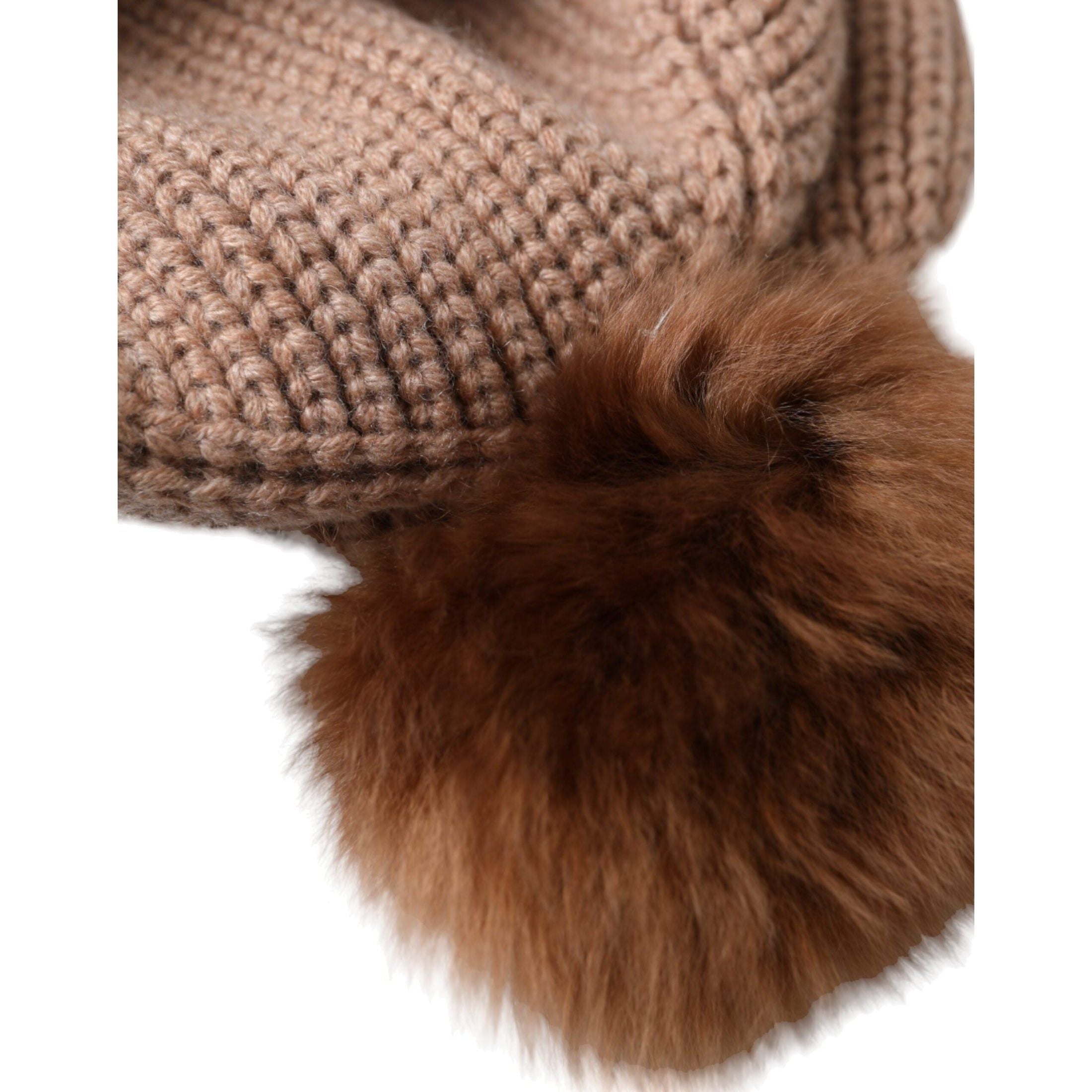 Brown Solid Knitted Fur Ball Winter Beanie Hat