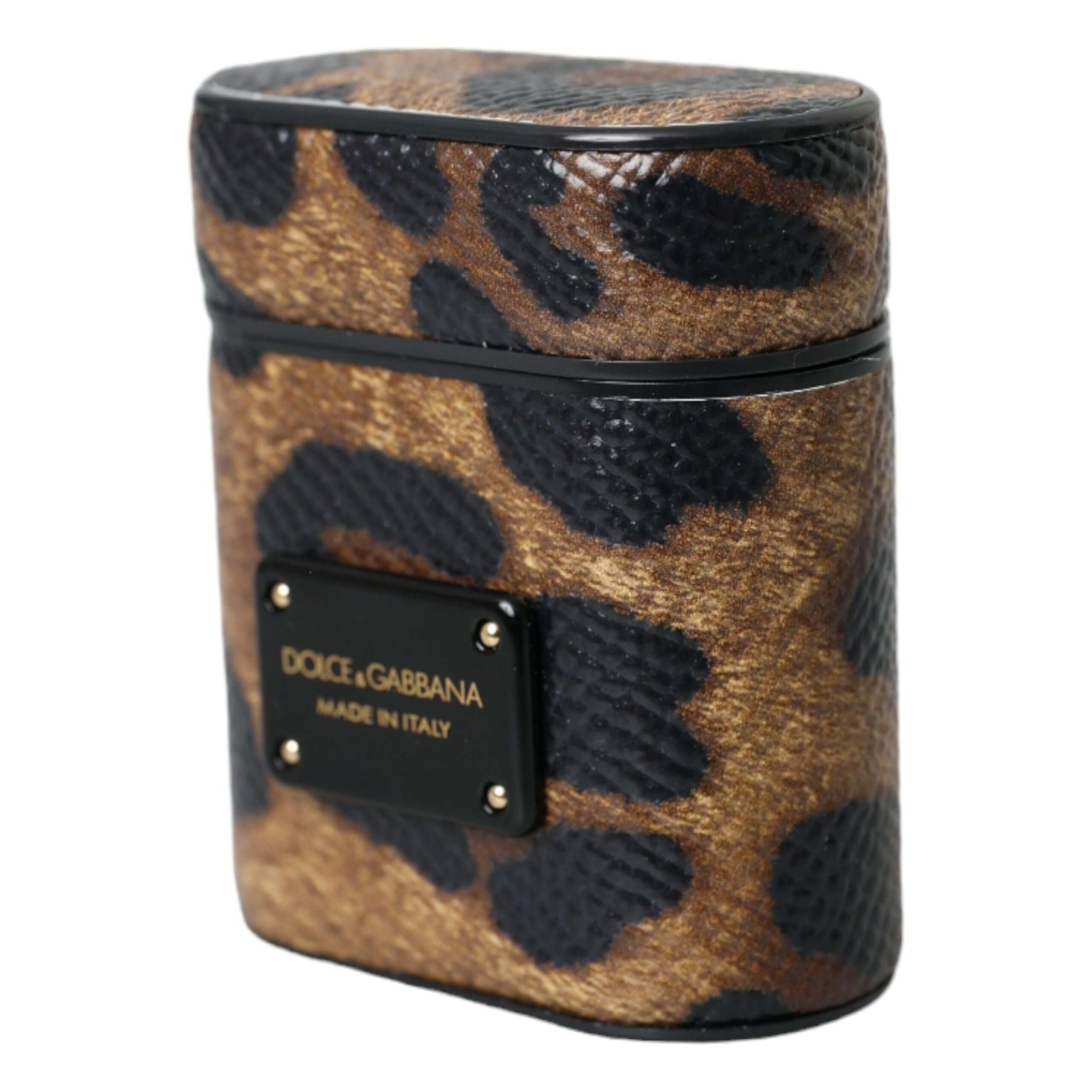 Brown Leopard Calf Leather Metal Logo Plaque Airpods Case