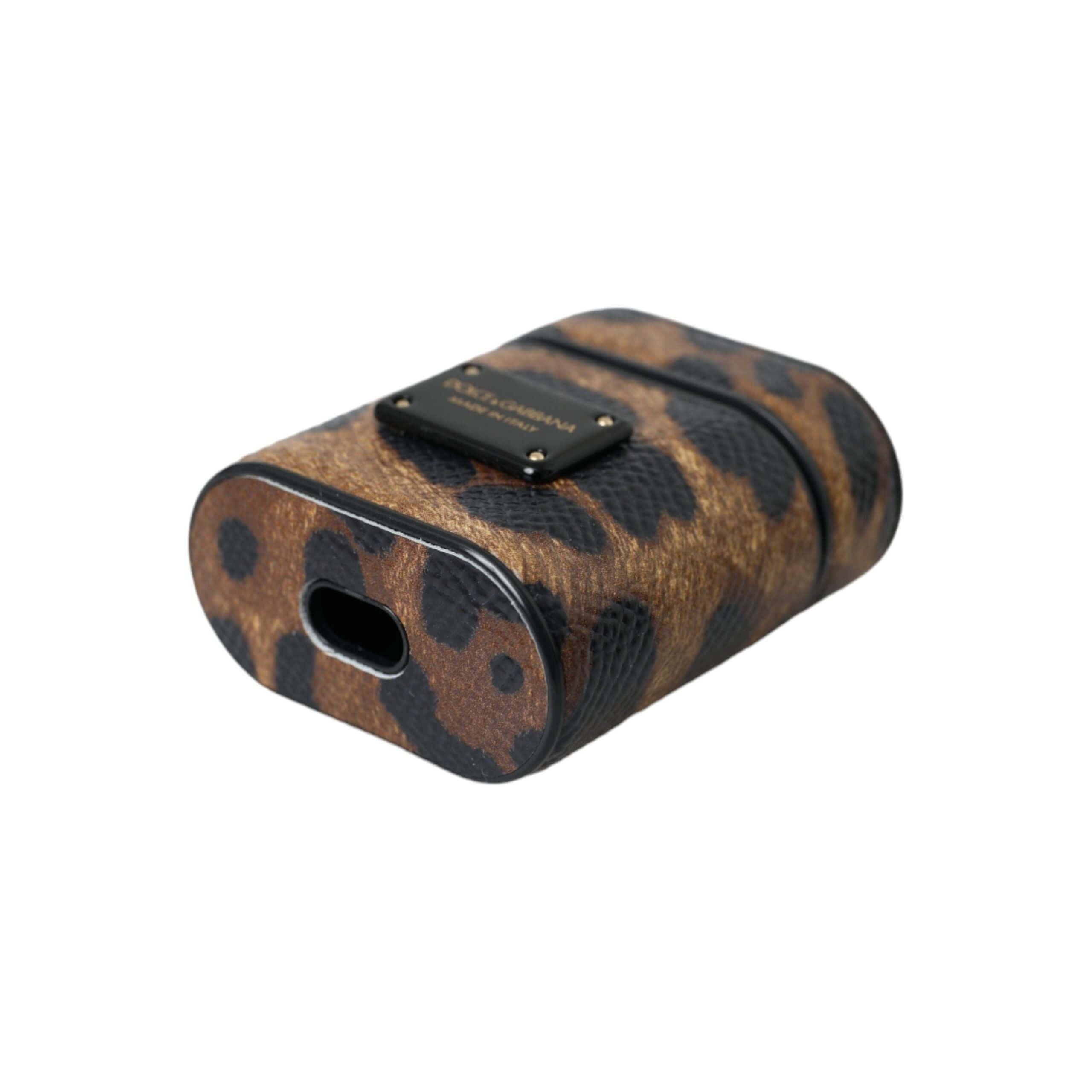 Brown Leopard Calf Leather Metal Logo Plaque Airpods Case