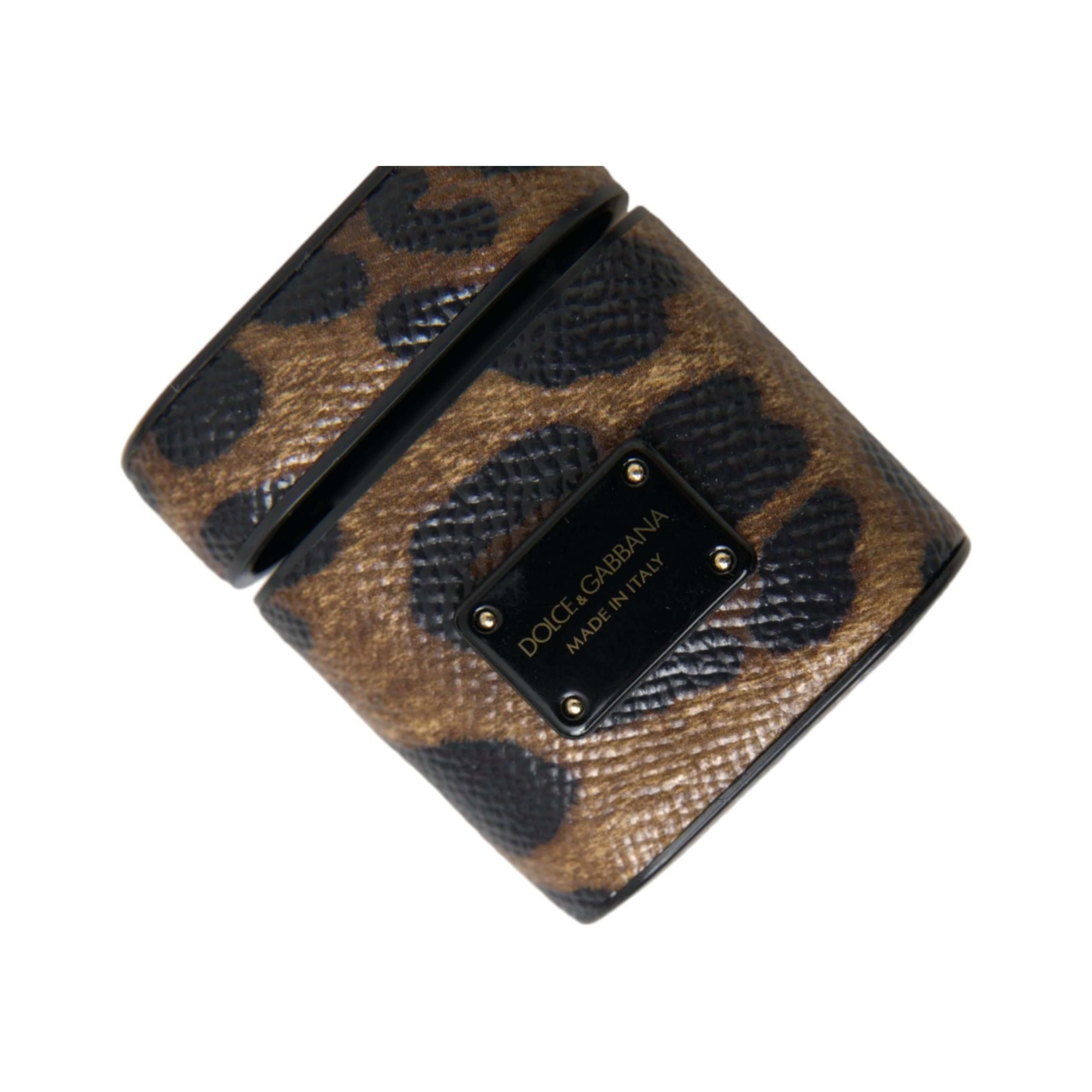 Brown Leopard Calf Leather Metal Logo Plaque Airpods Case