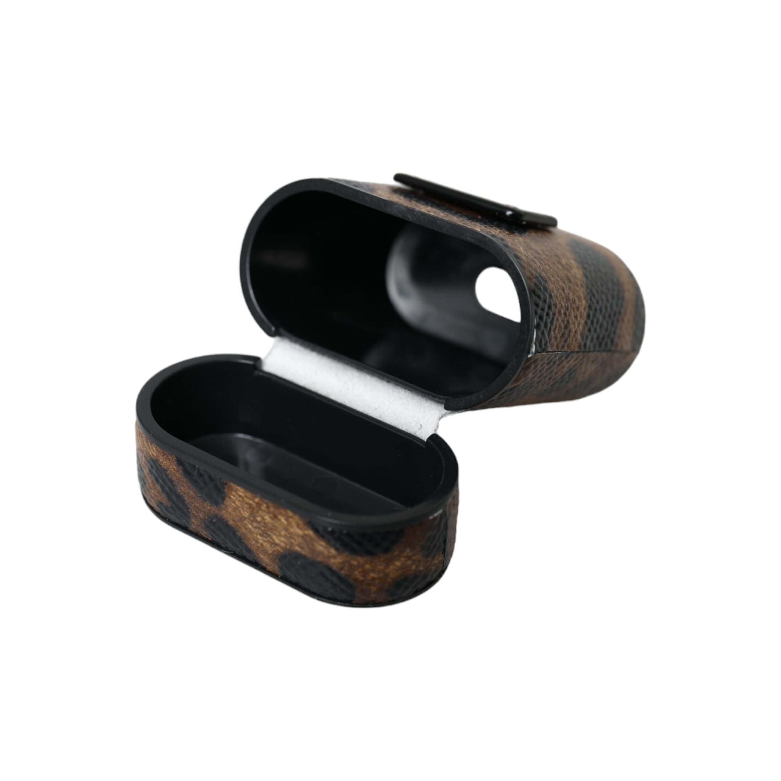 Brown Leopard Calf Leather Metal Logo Plaque Airpods Case