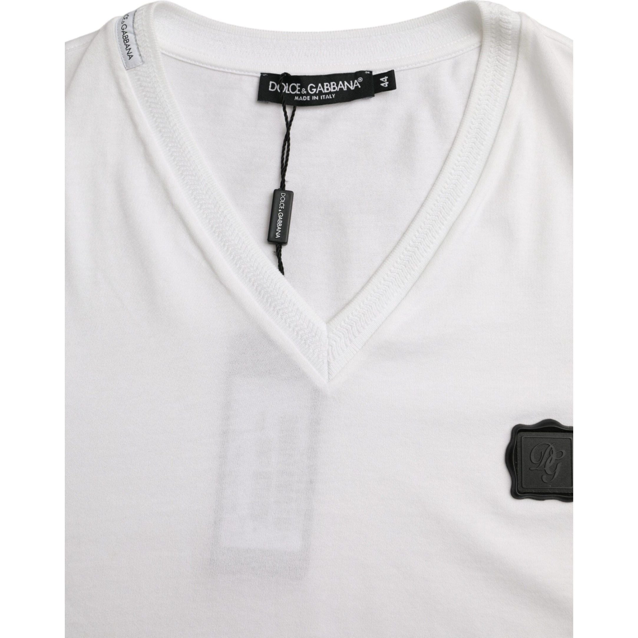 White Cotton Logo Plaque V-neck Men T-shirt