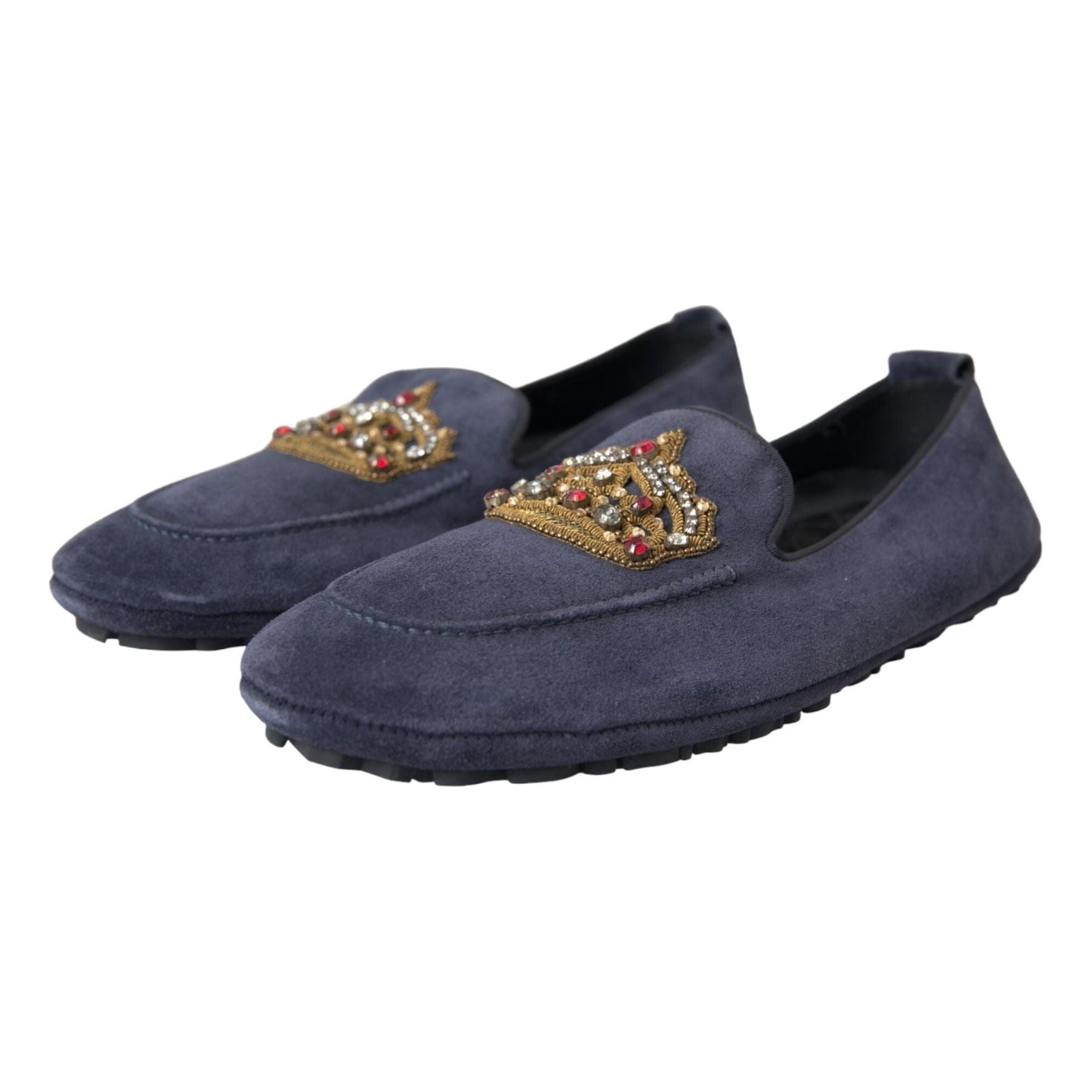 Blue Leather Suede Crystal Crown Loafers Shoes