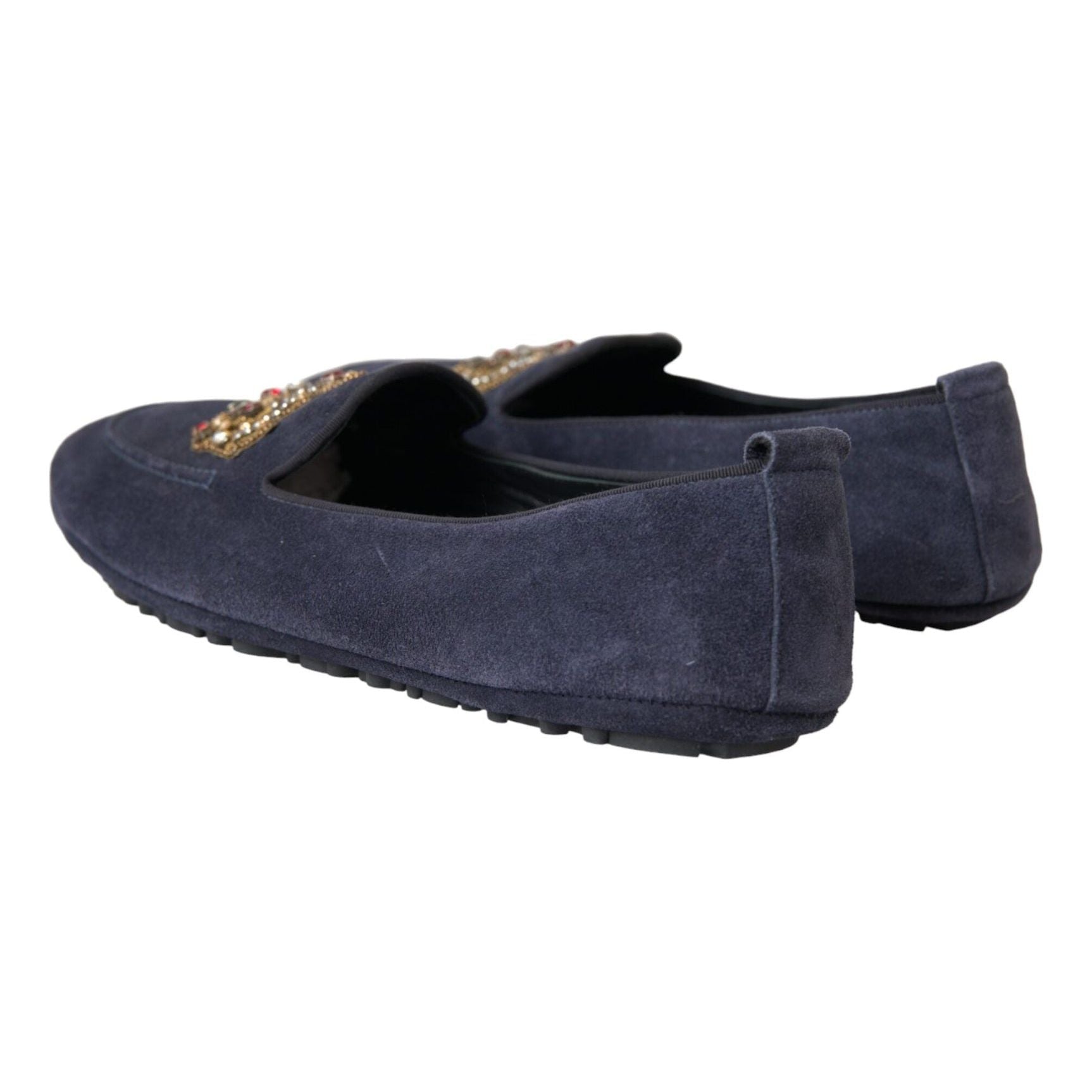 Blue Leather Suede Crystal Crown Loafers Shoes