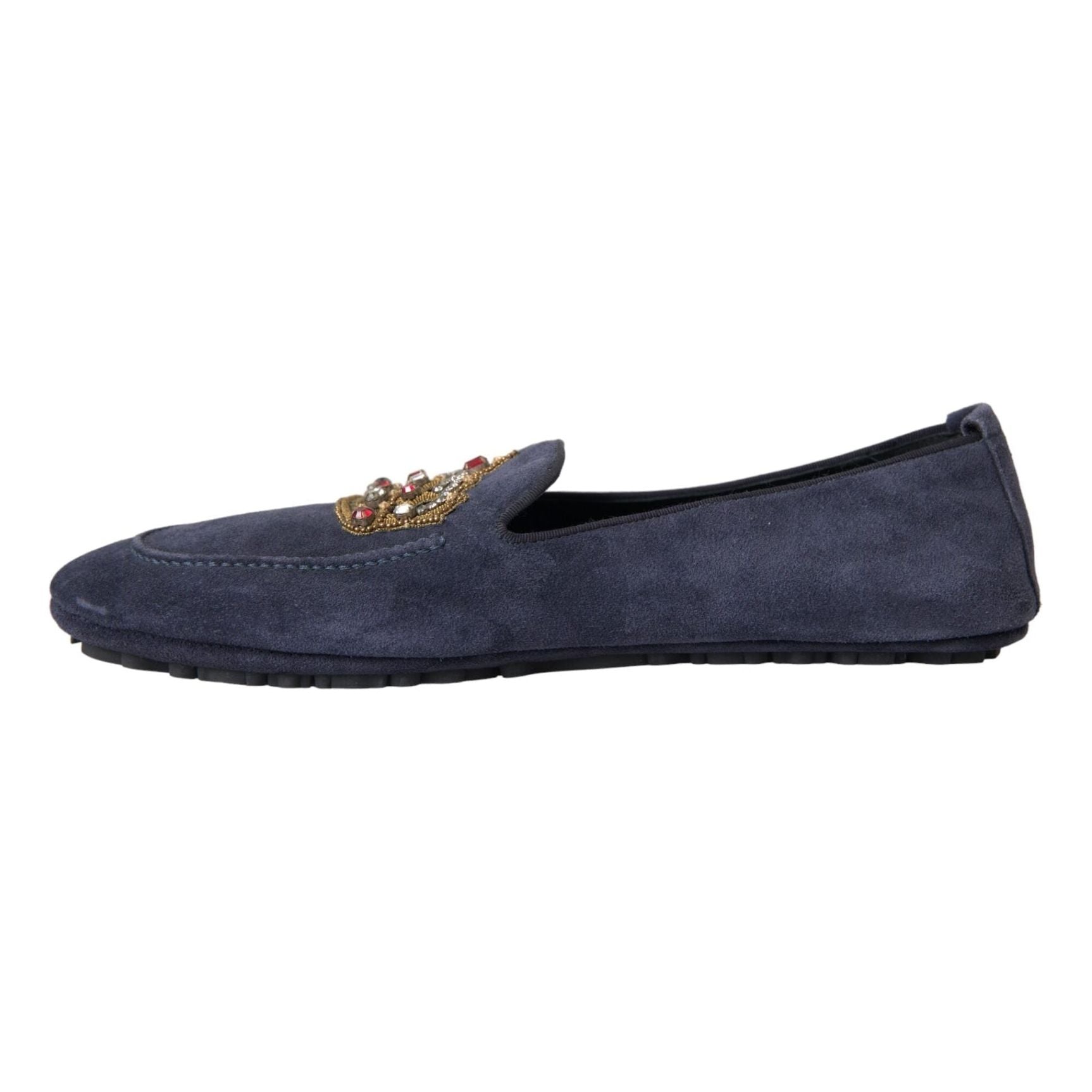 Blue Leather Suede Crystal Crown Loafers Shoes