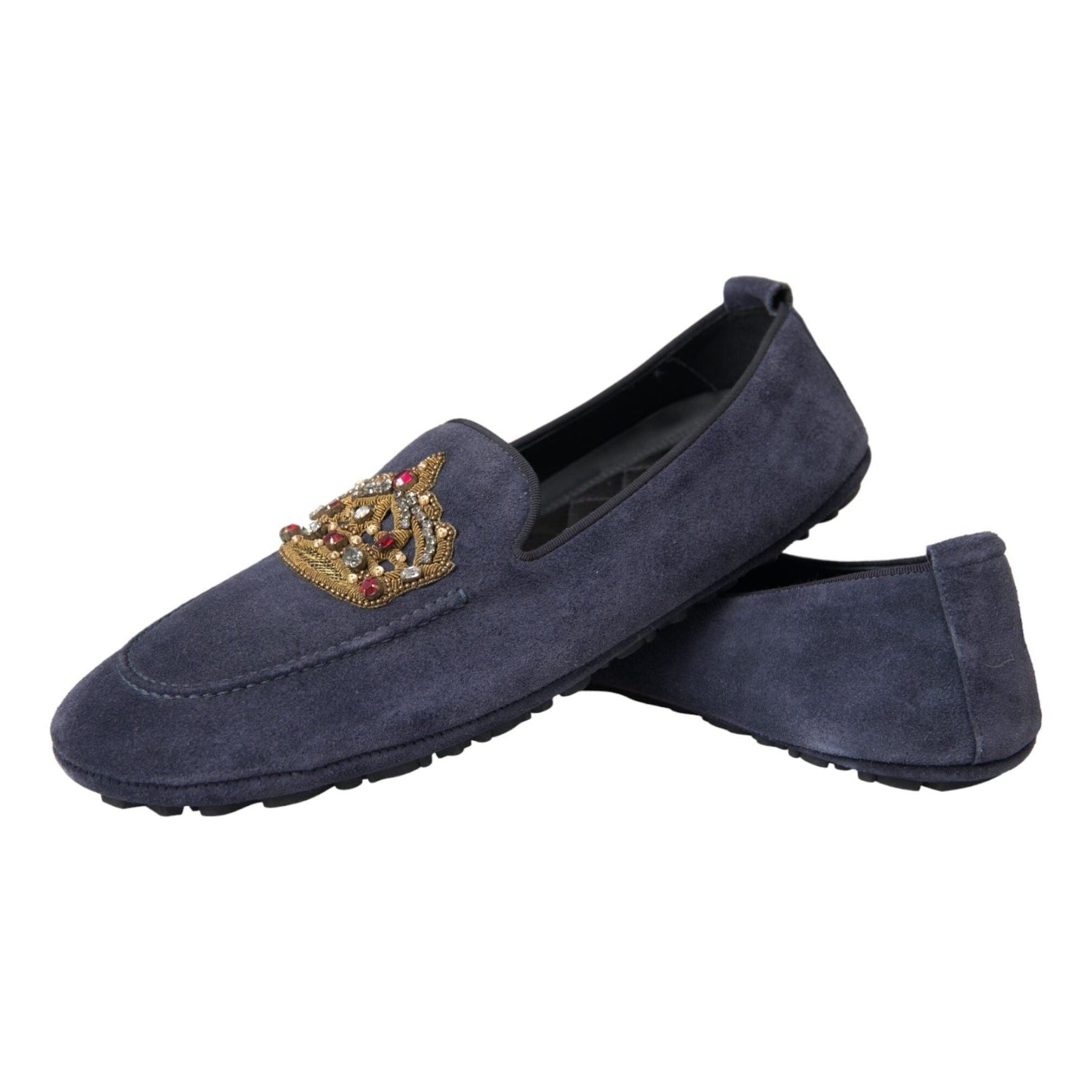 Blue Leather Suede Crystal Crown Loafers Shoes