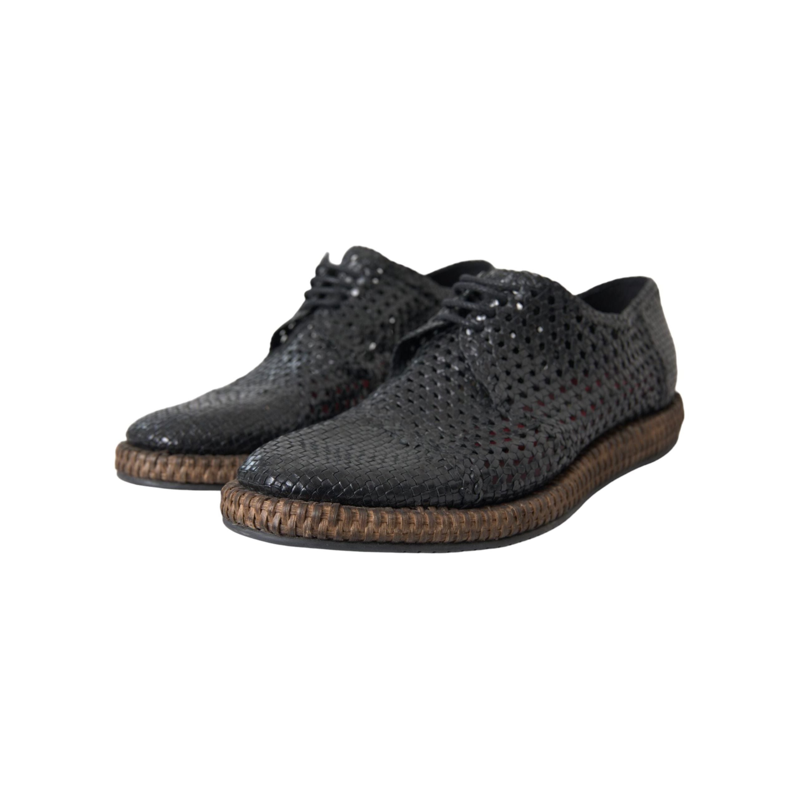 Black Woven Goat Leather Lace Up Derby Shoes