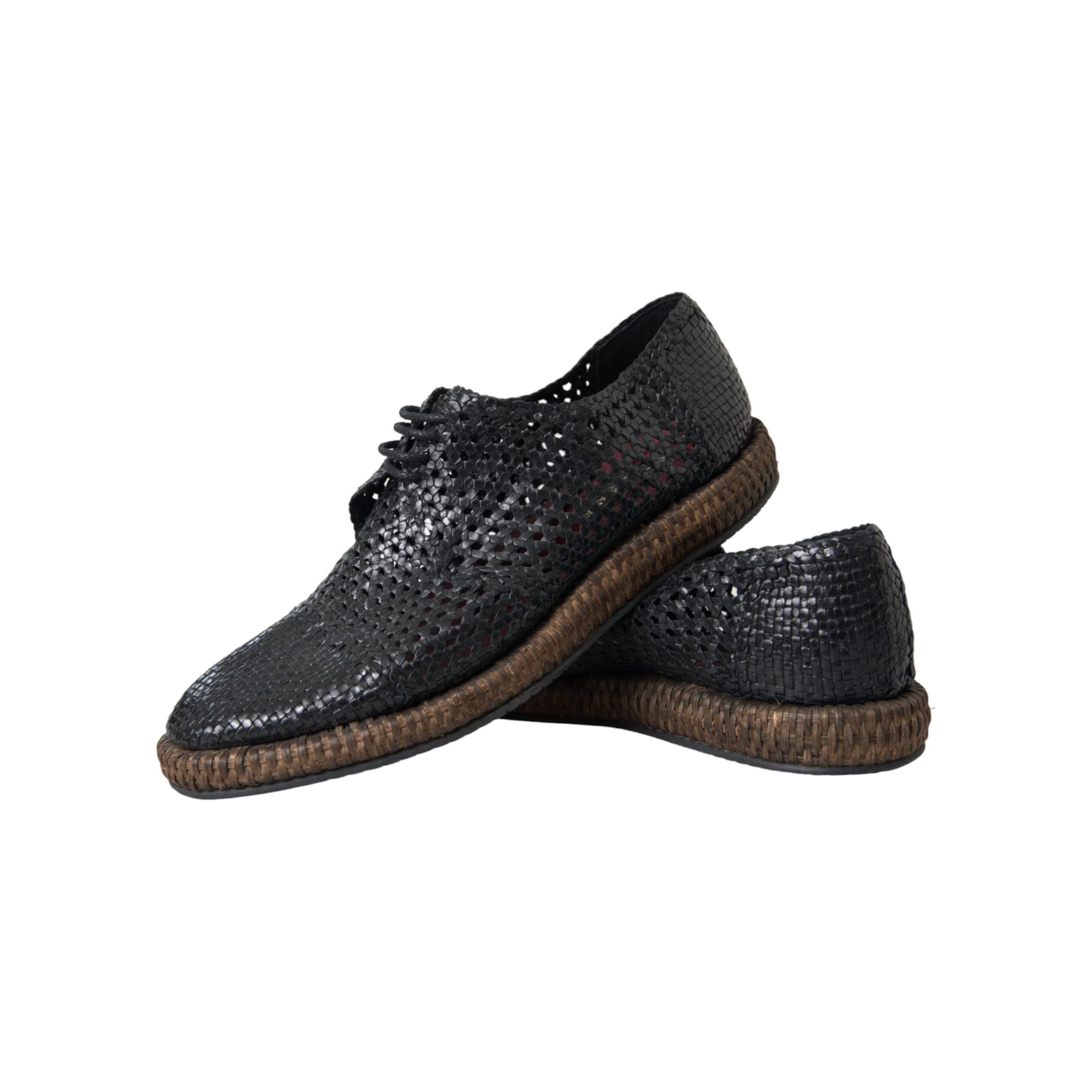 Black Woven Goat Leather Lace Up Derby Shoes