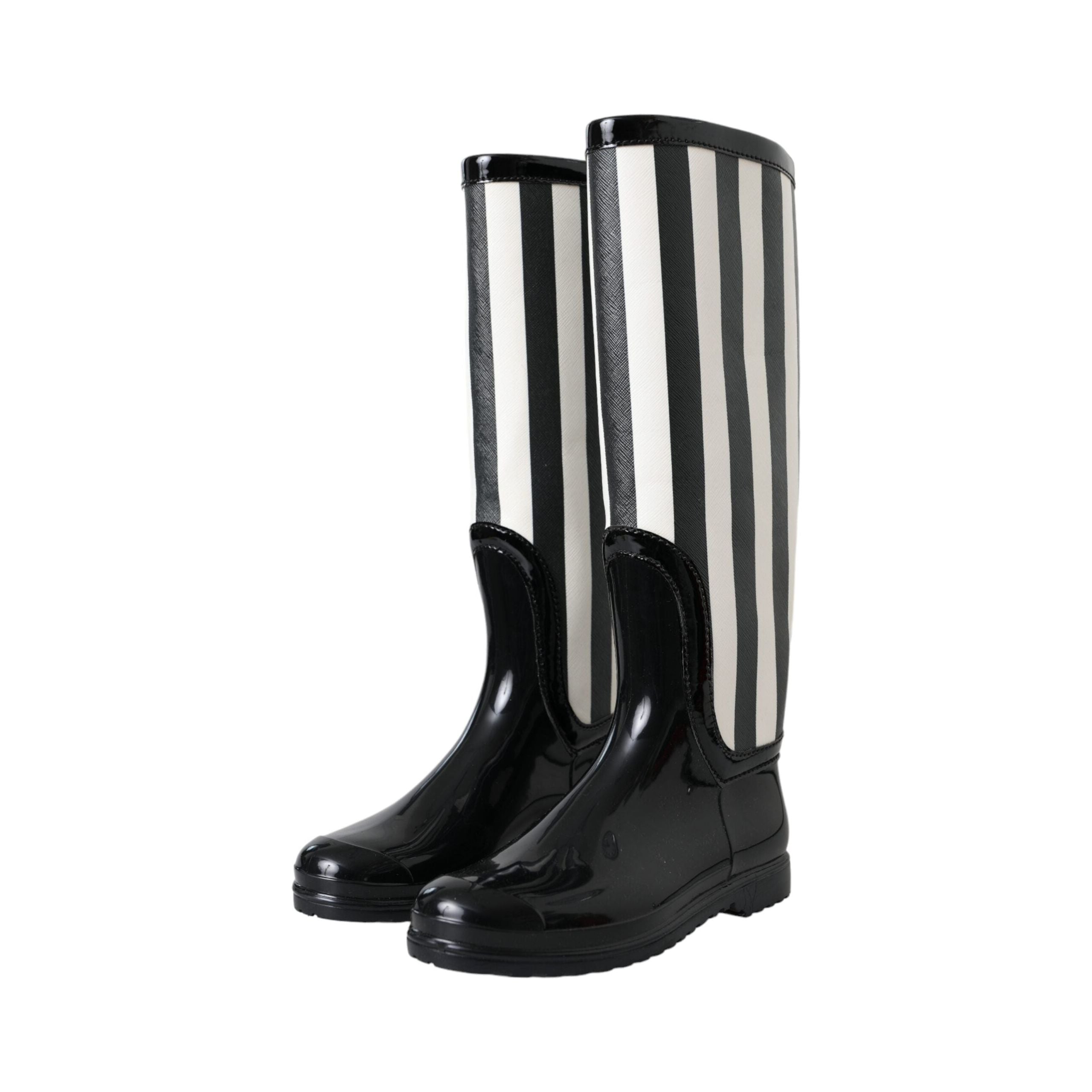 Black Rubber Knee High Flat Boots Shoes