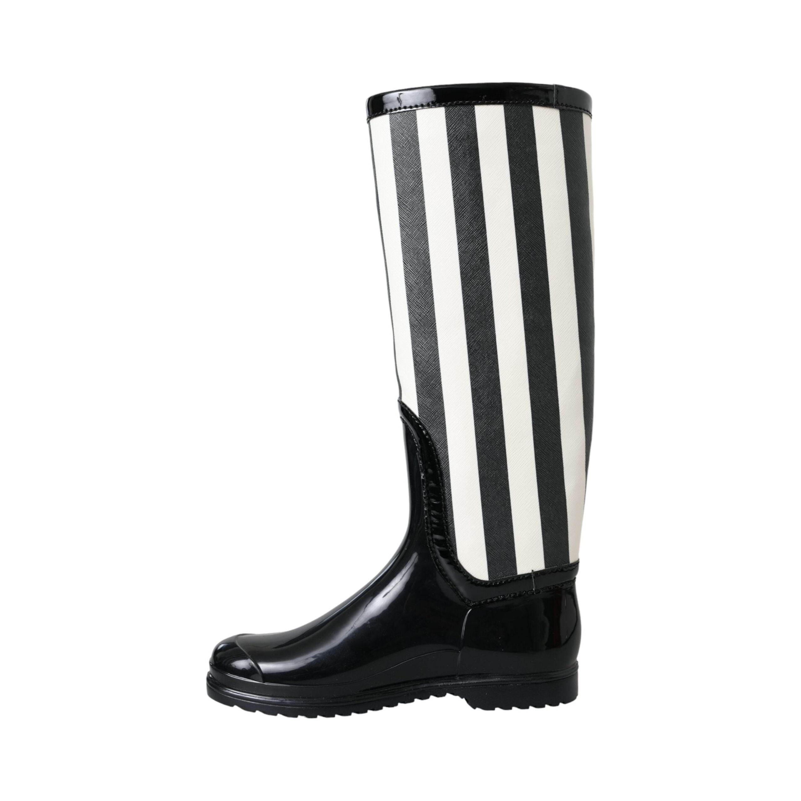 Black Rubber Knee High Flat Boots Shoes