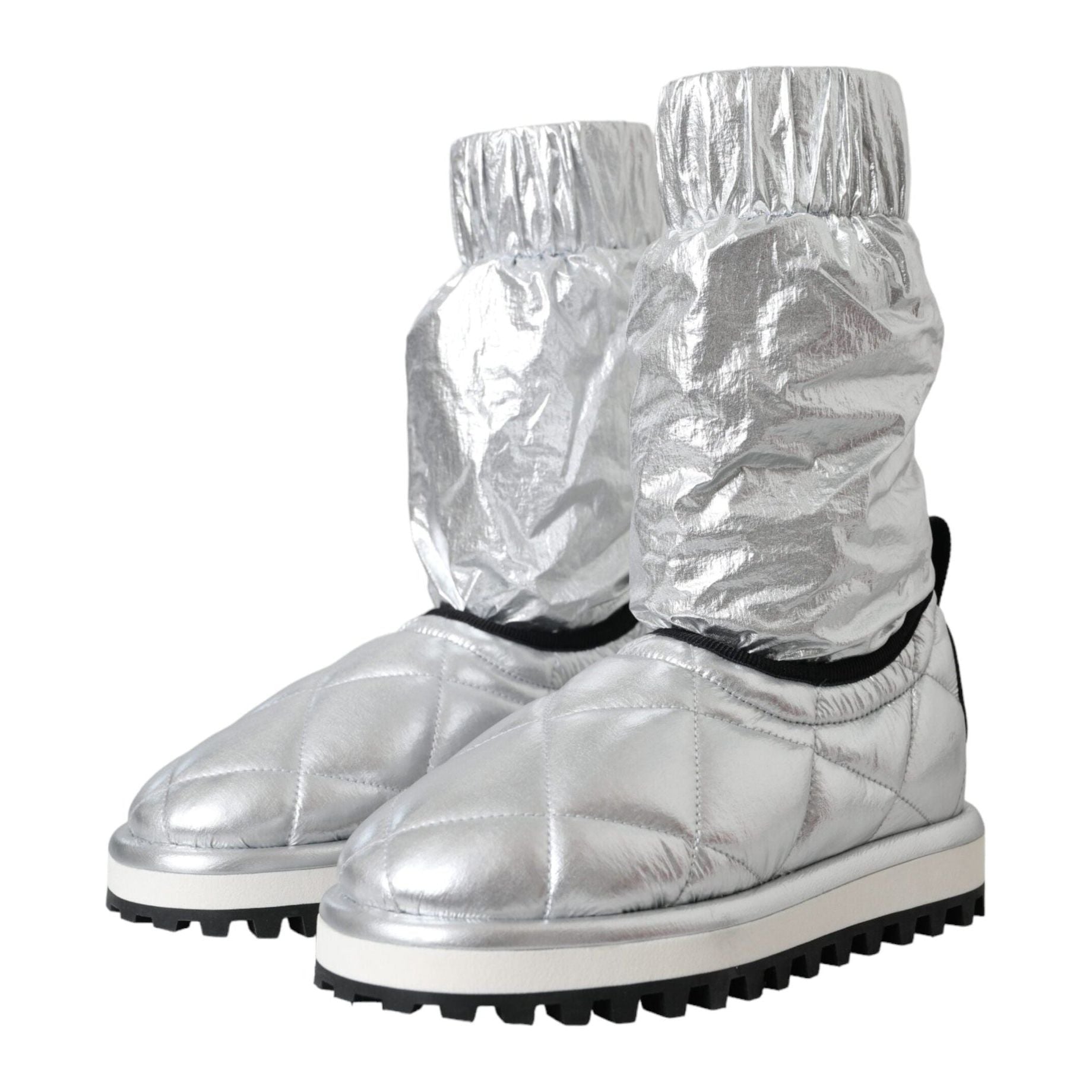 Metallic Silver Quilted Logo Patch Boot Shoes