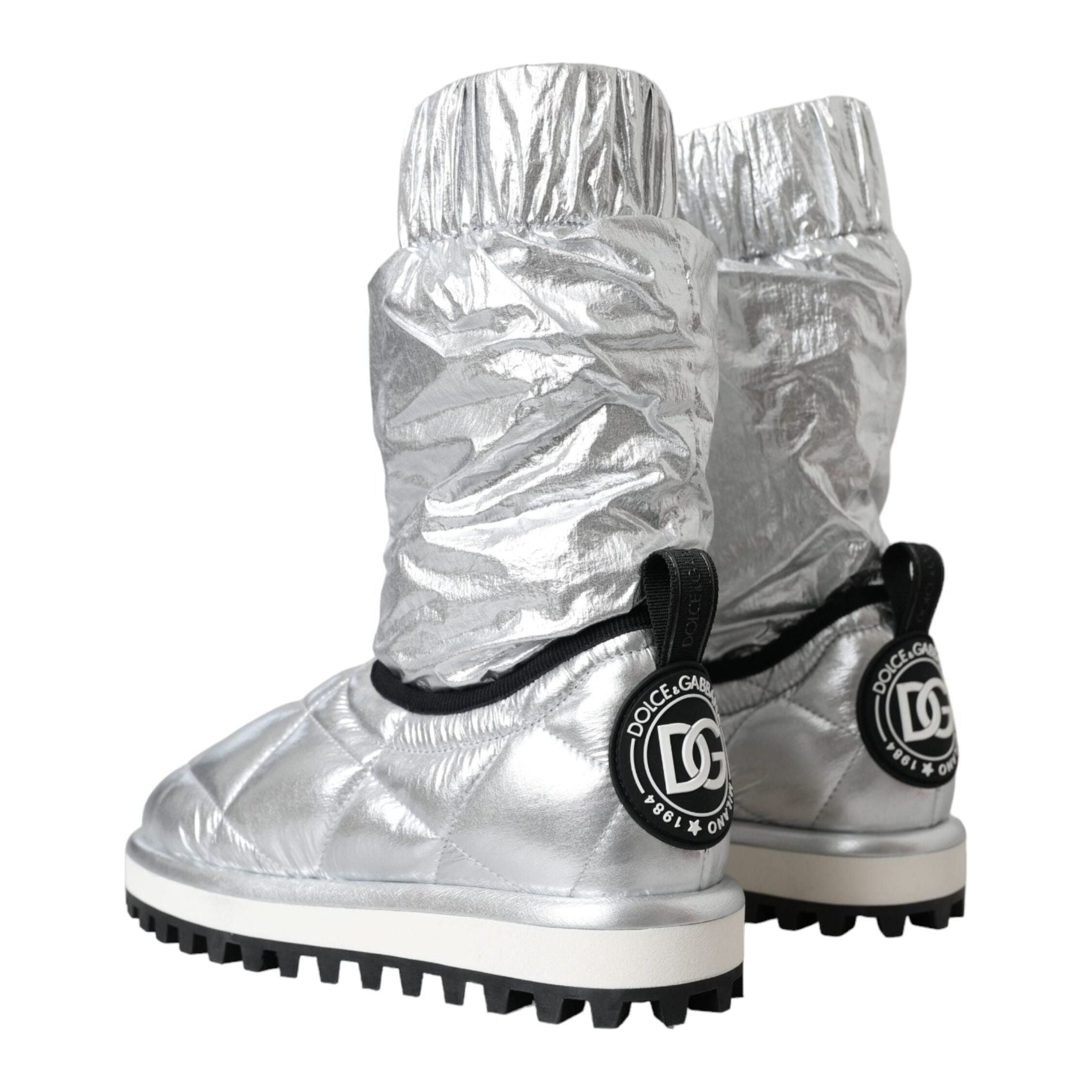 Metallic Silver Quilted Logo Patch Boot Shoes