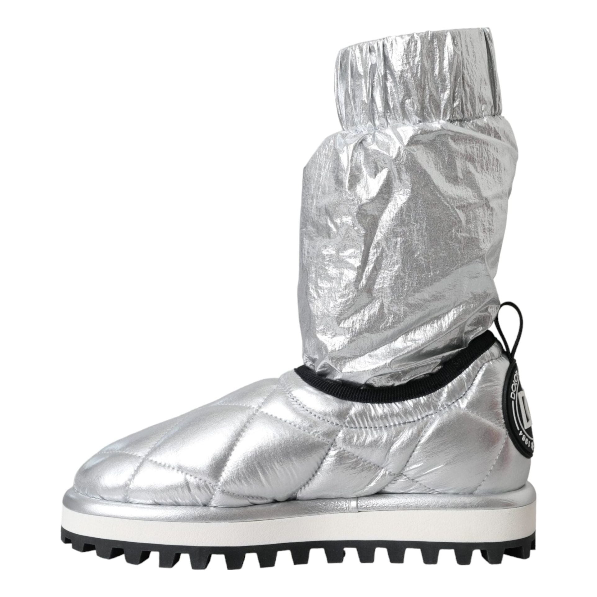 Metallic Silver Quilted Logo Patch Boot Shoes