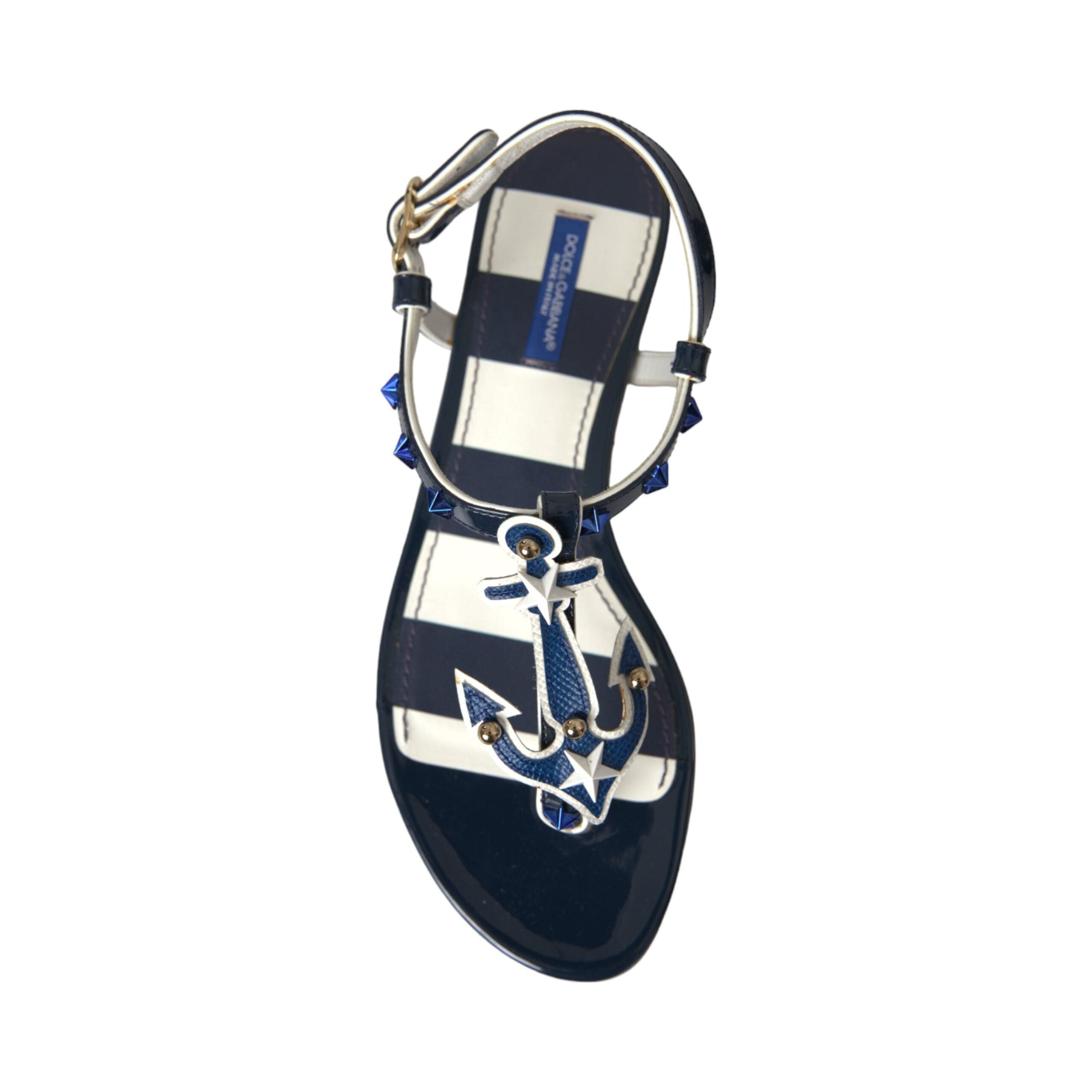 Blue Stripes Leather Studded Flats Sandals Shoes