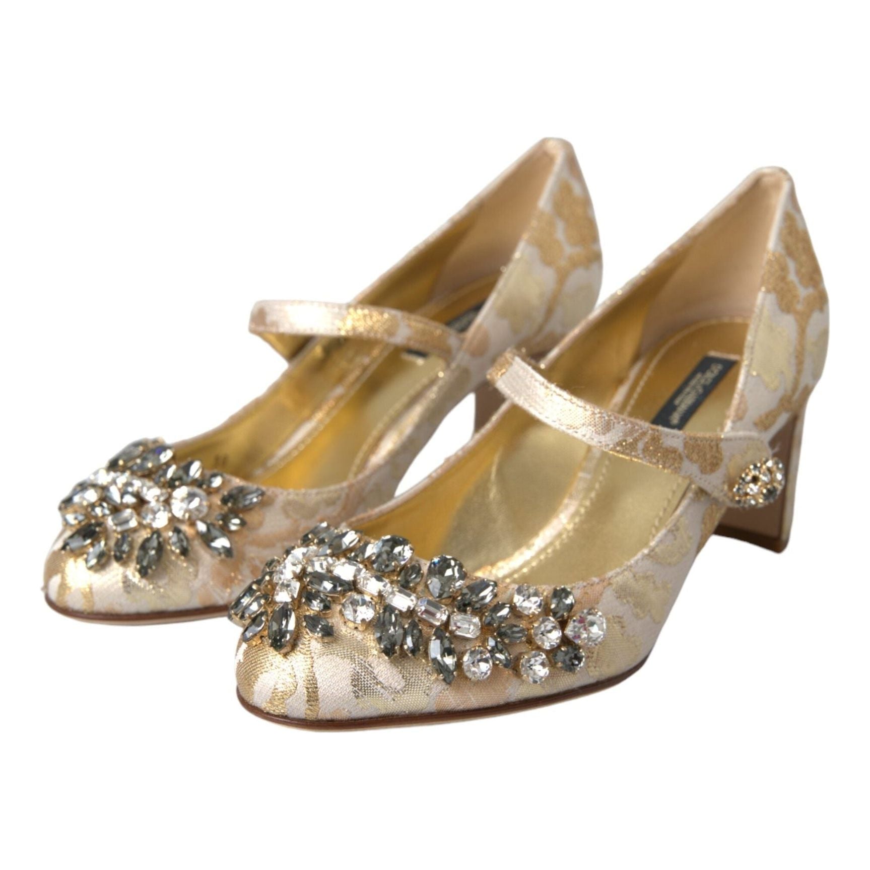 Gold Jacquard Crystal Mary Janes Pumps Shoes