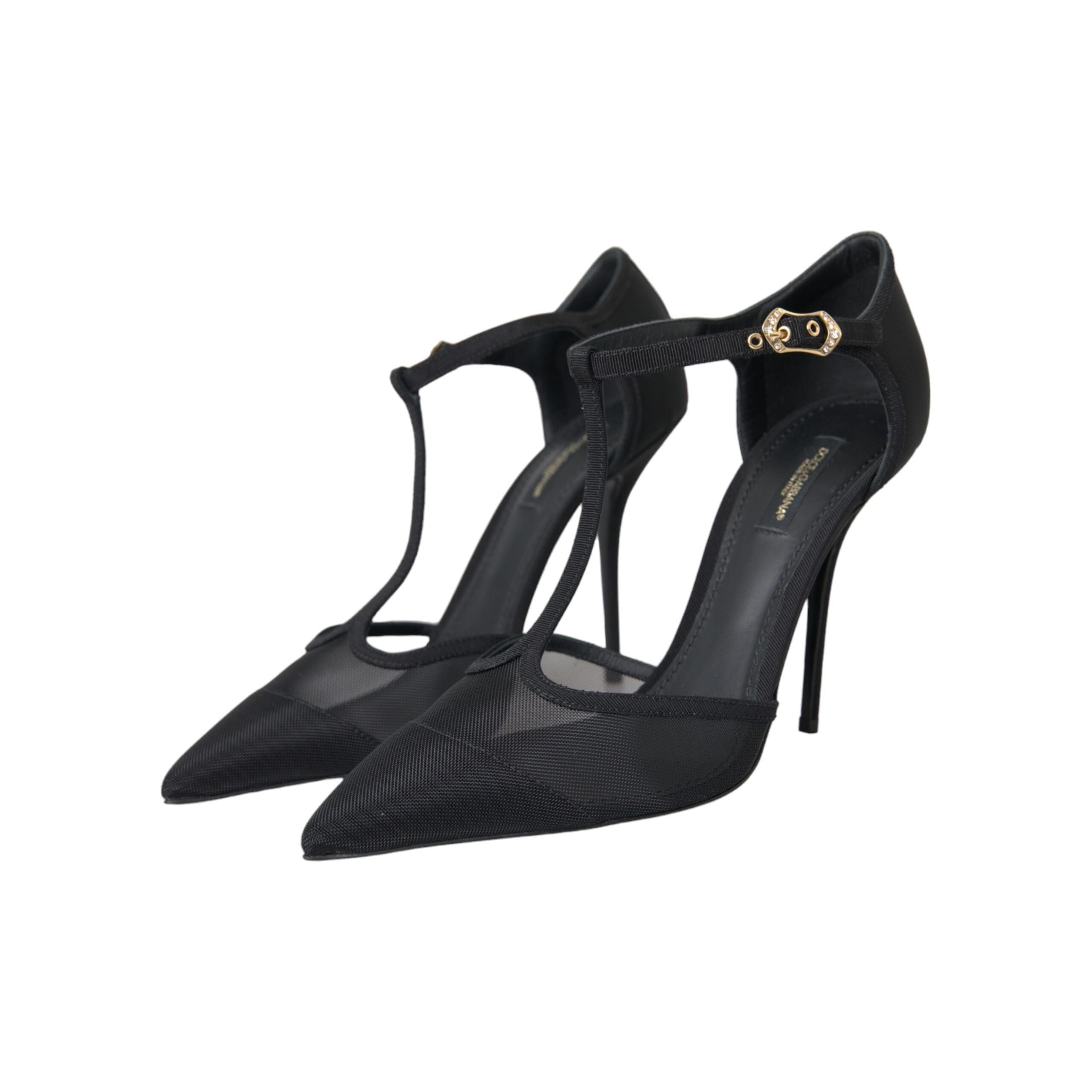 Black Mesh T-strap Stiletto Heel Pumps Shoes