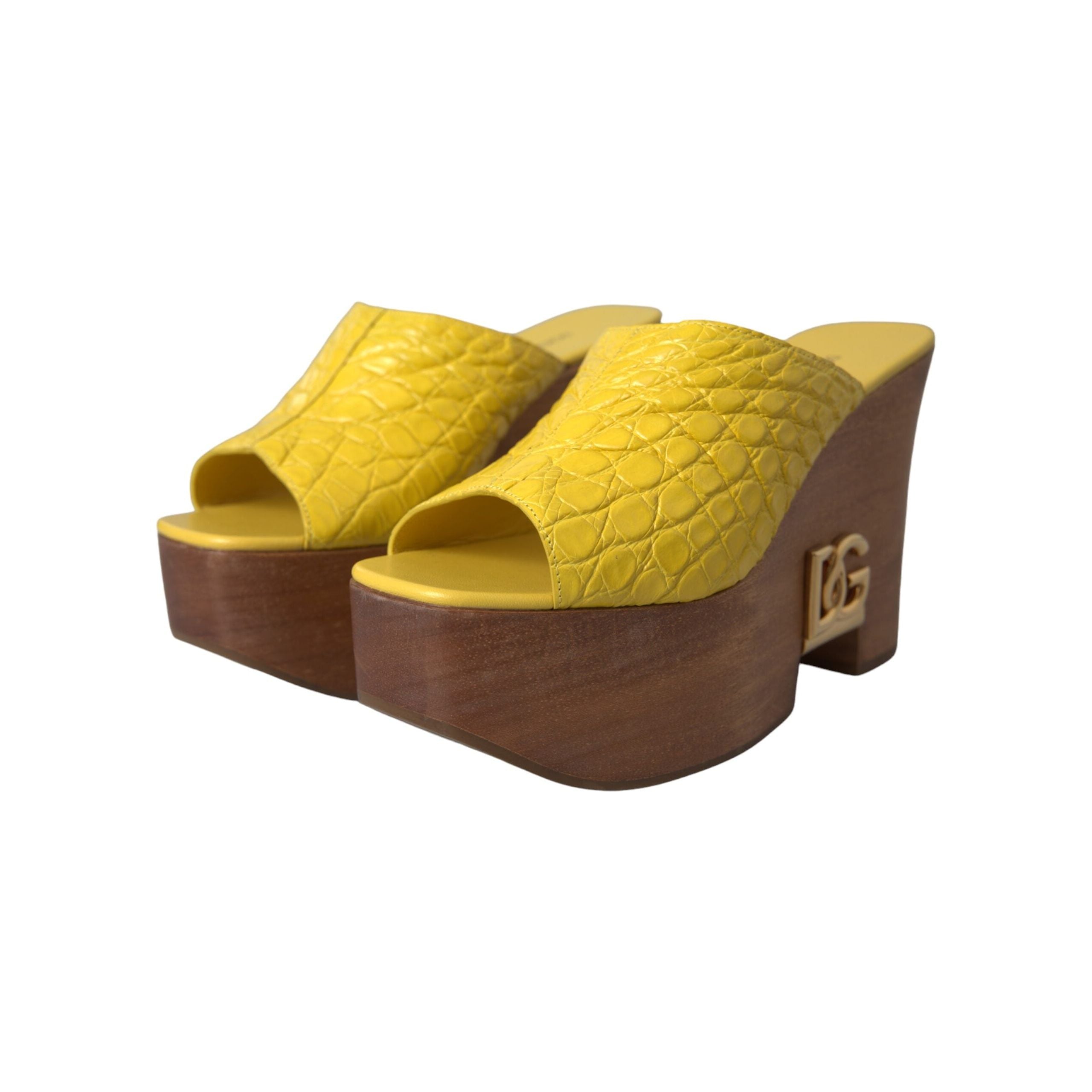 Yellow Leather Wood Mule Wedge Slides Shoes