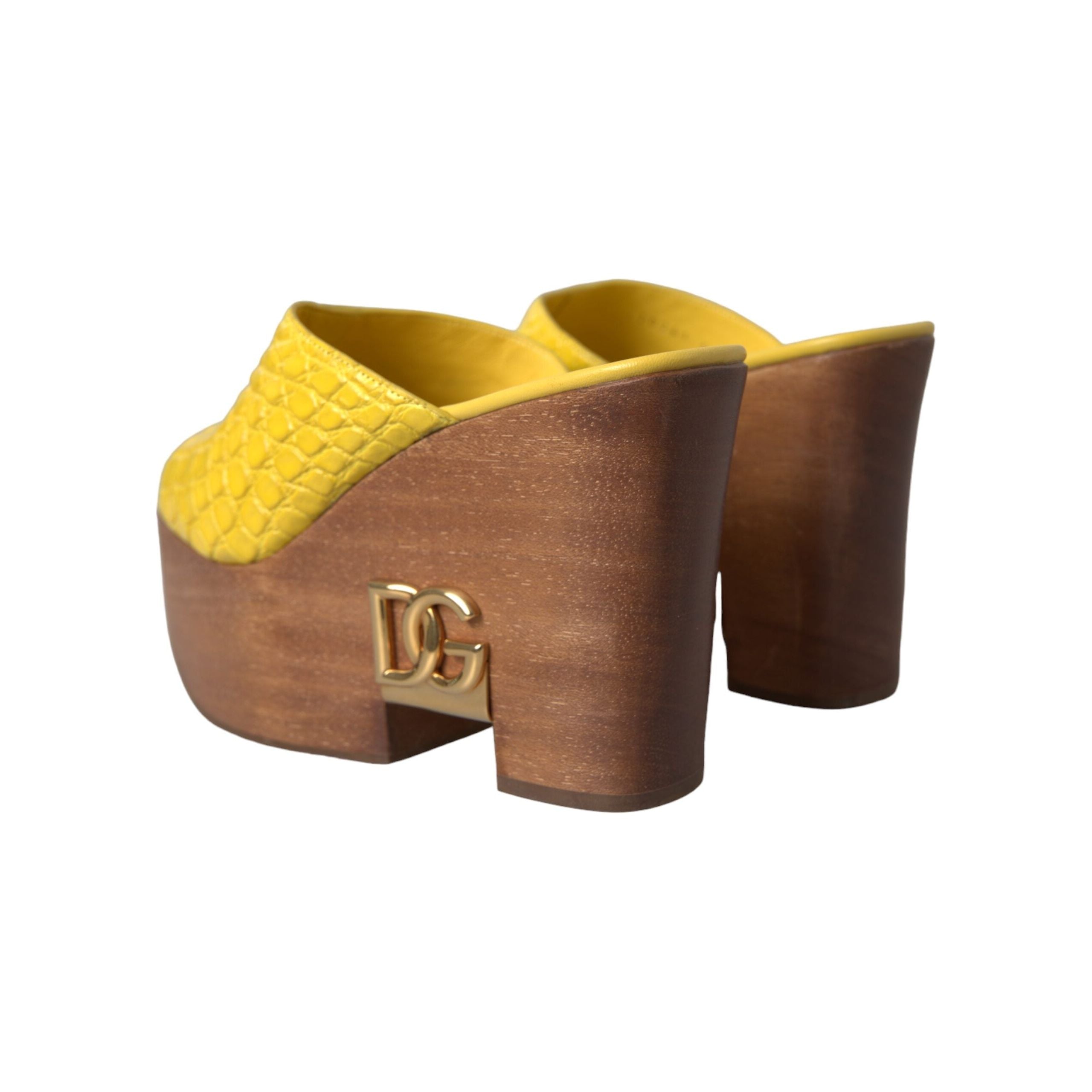 Yellow Leather Wood Mule Wedge Slides Shoes