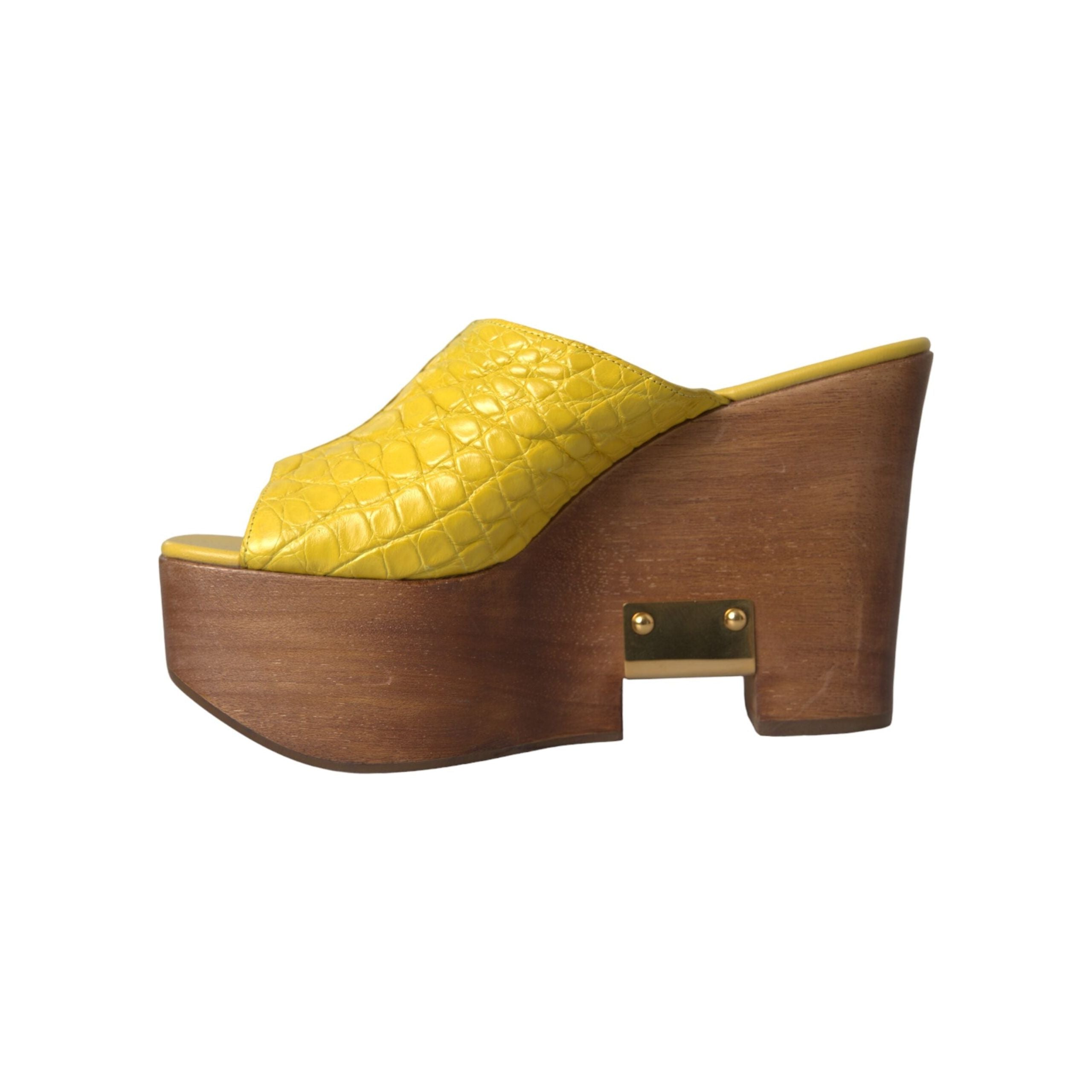 Yellow Leather Wood Mule Wedge Slides Shoes