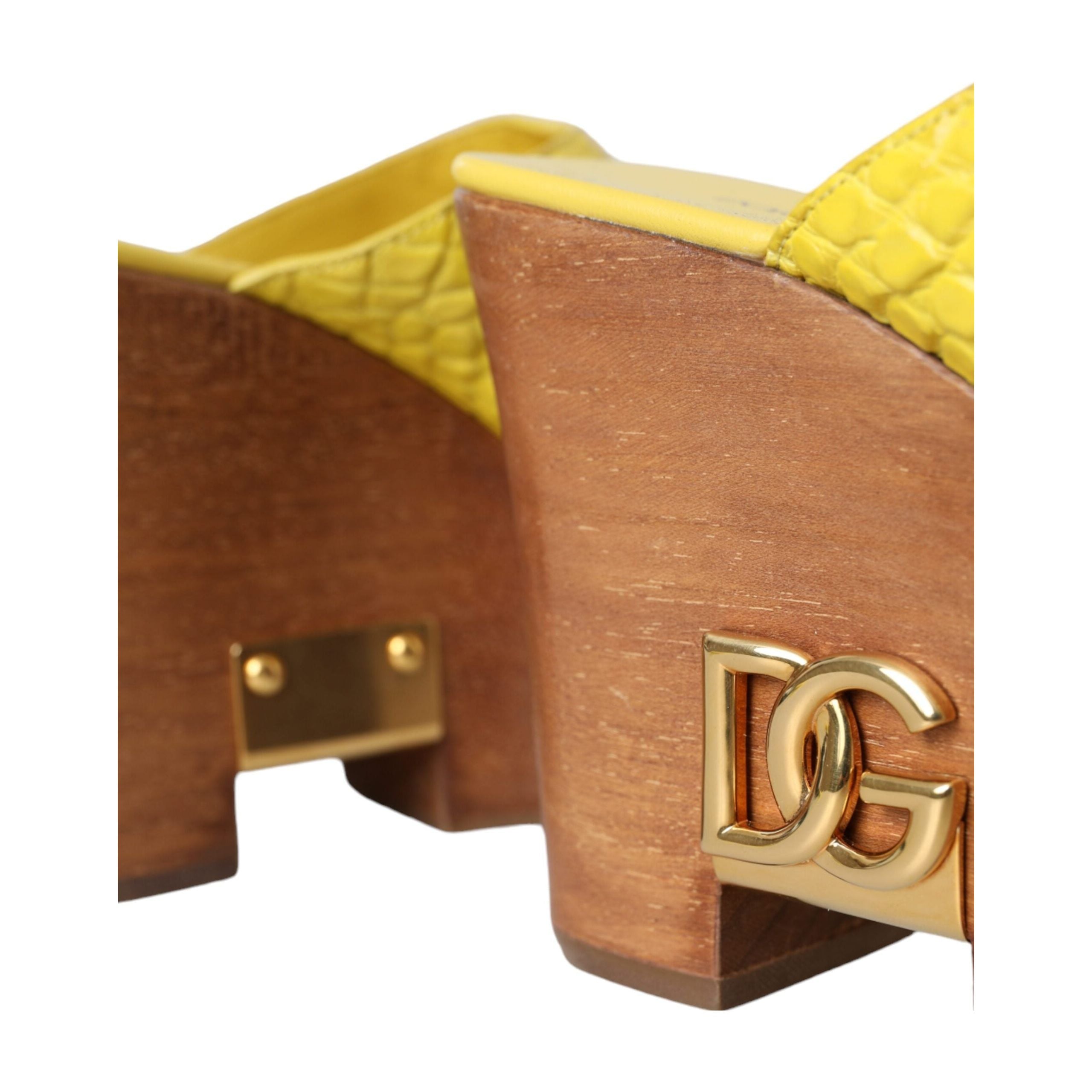 Yellow Leather Wood Mule Wedge Slides Shoes