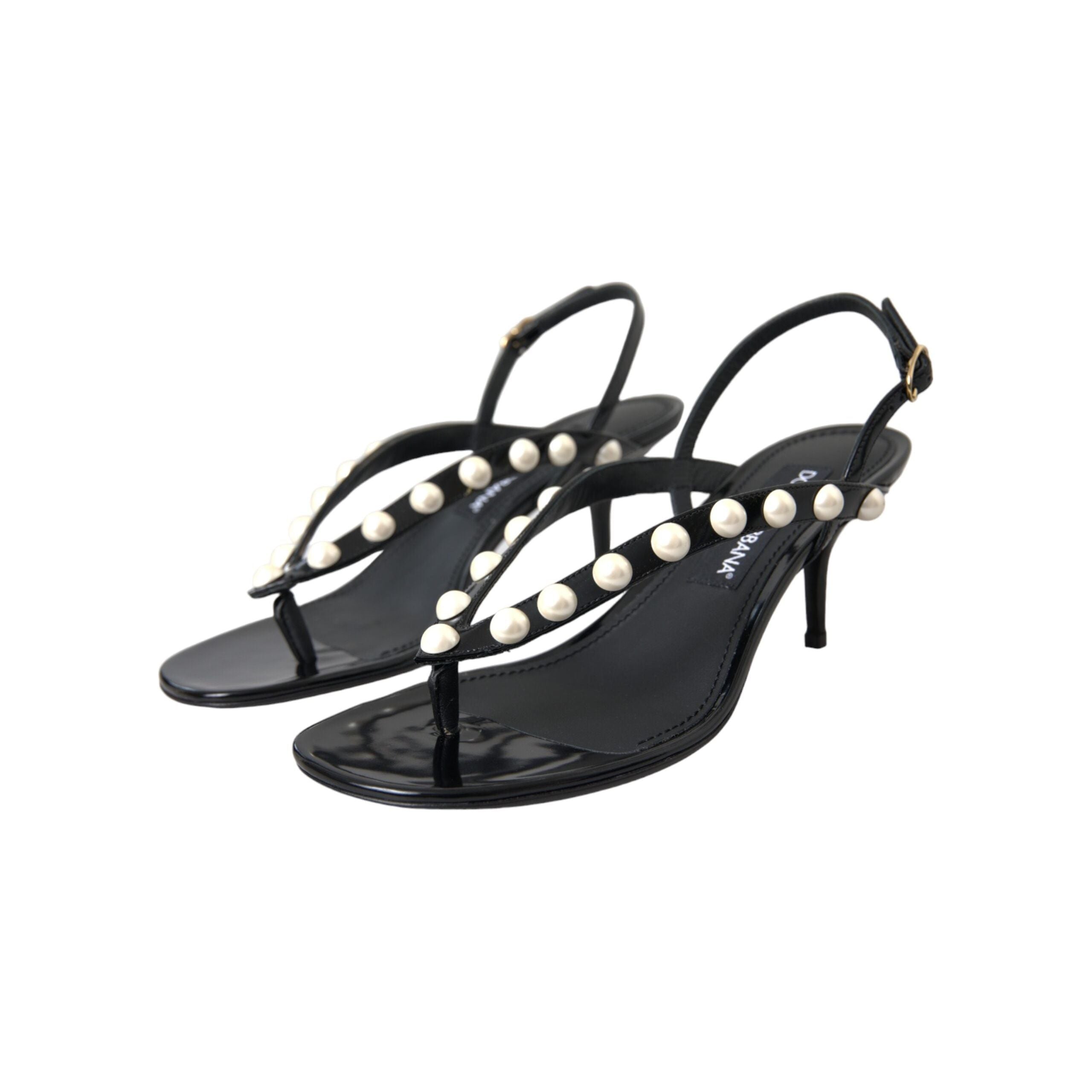 Black Leather Faux Pearl Heel Sandals Shoes