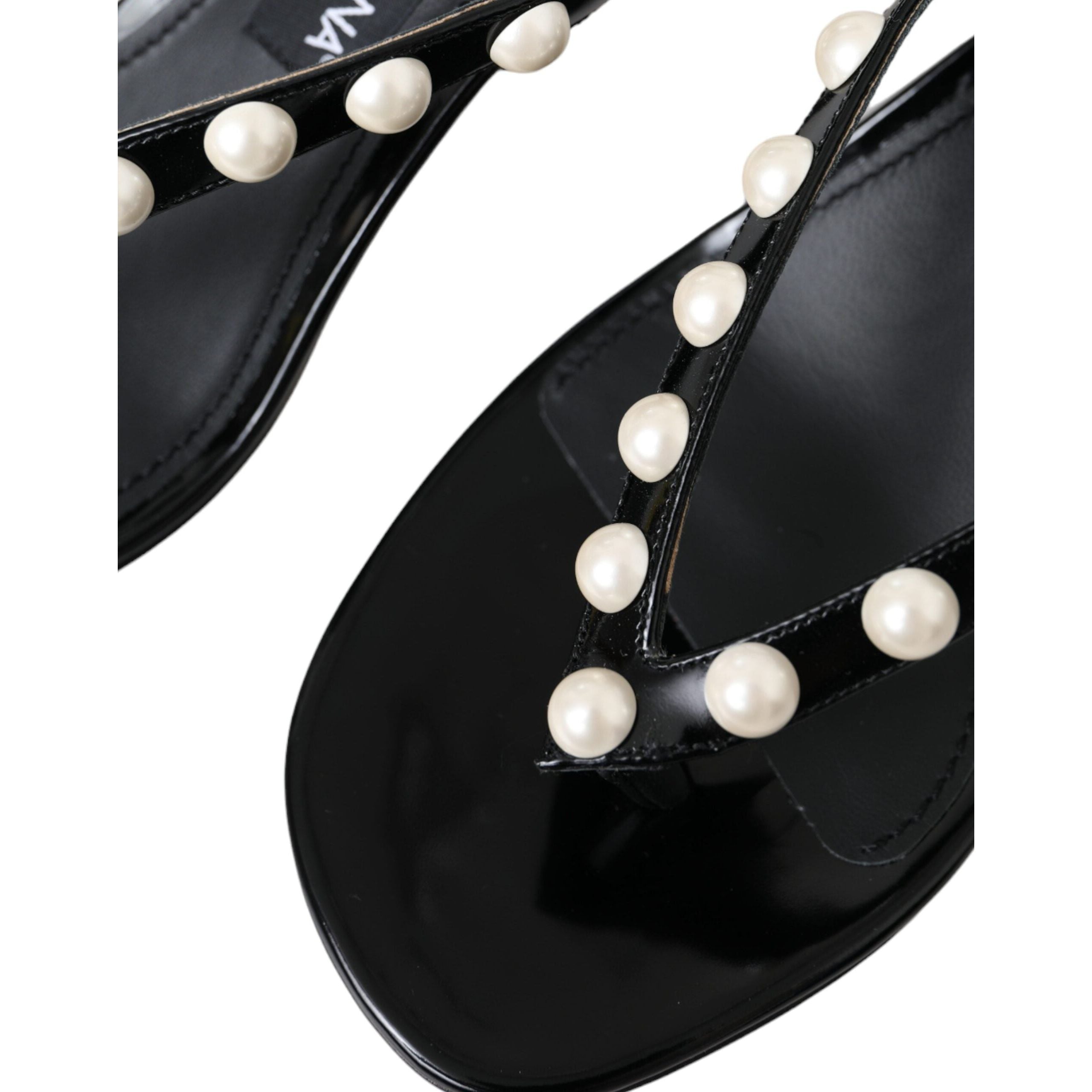 Black Leather Faux Pearl Heel Sandals Shoes