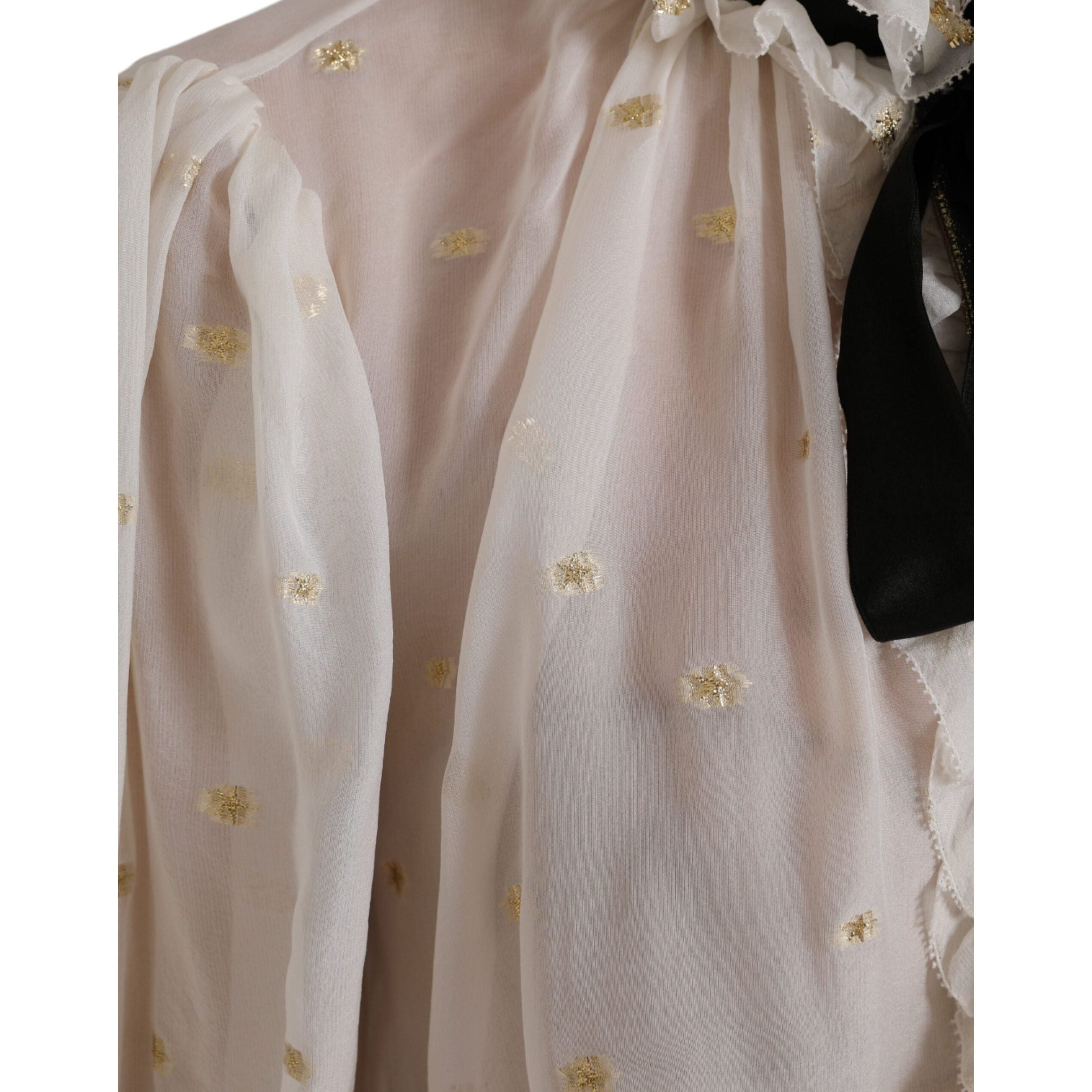 Off White Silk Blend Ascot Collar Blouse Top