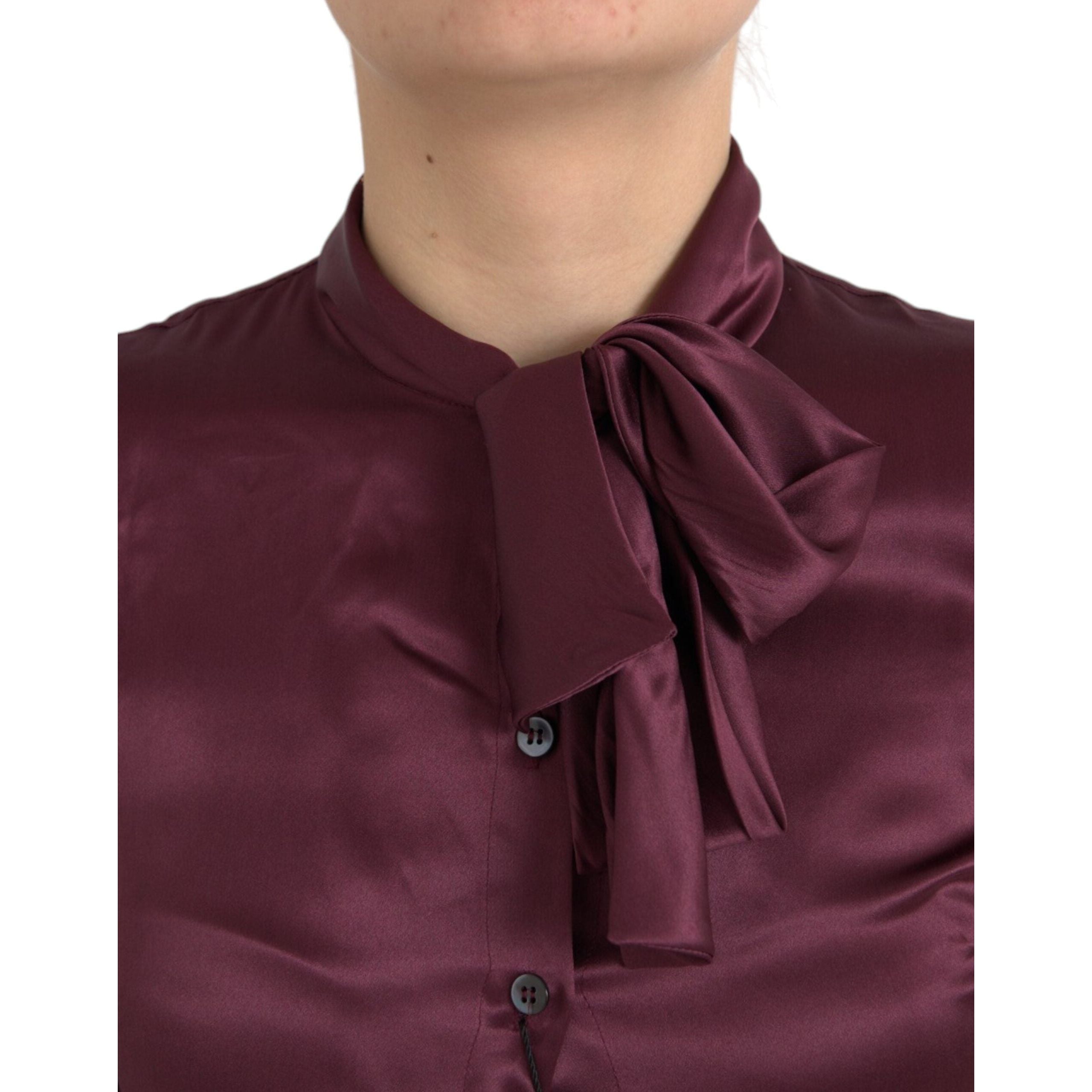 Maroon Ascot Collar Long Sleeve Top Blouse