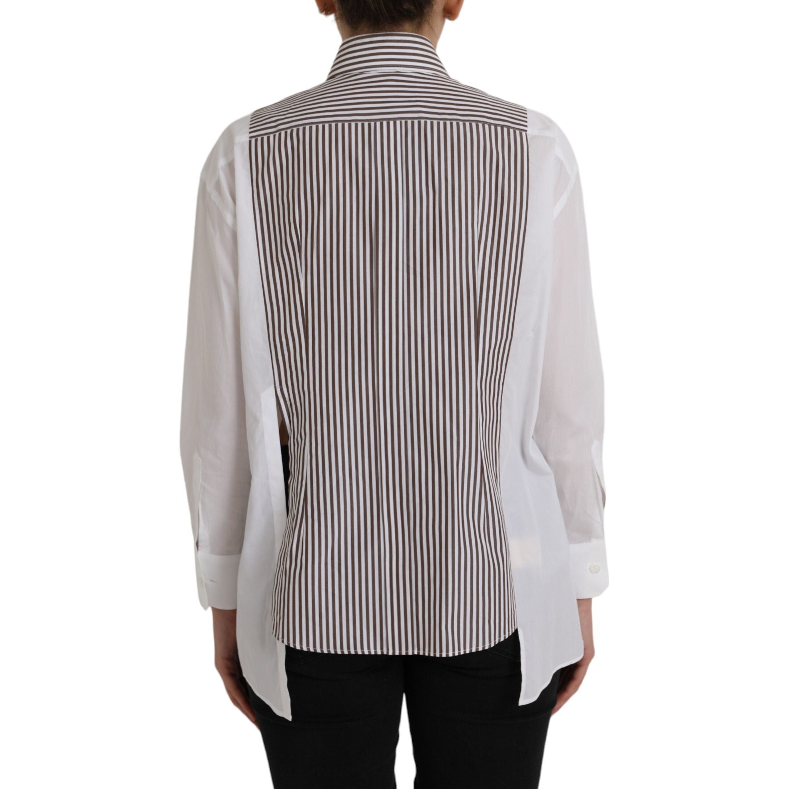 White Stripes Cotton Long Sleeves Ruffle Collar Top