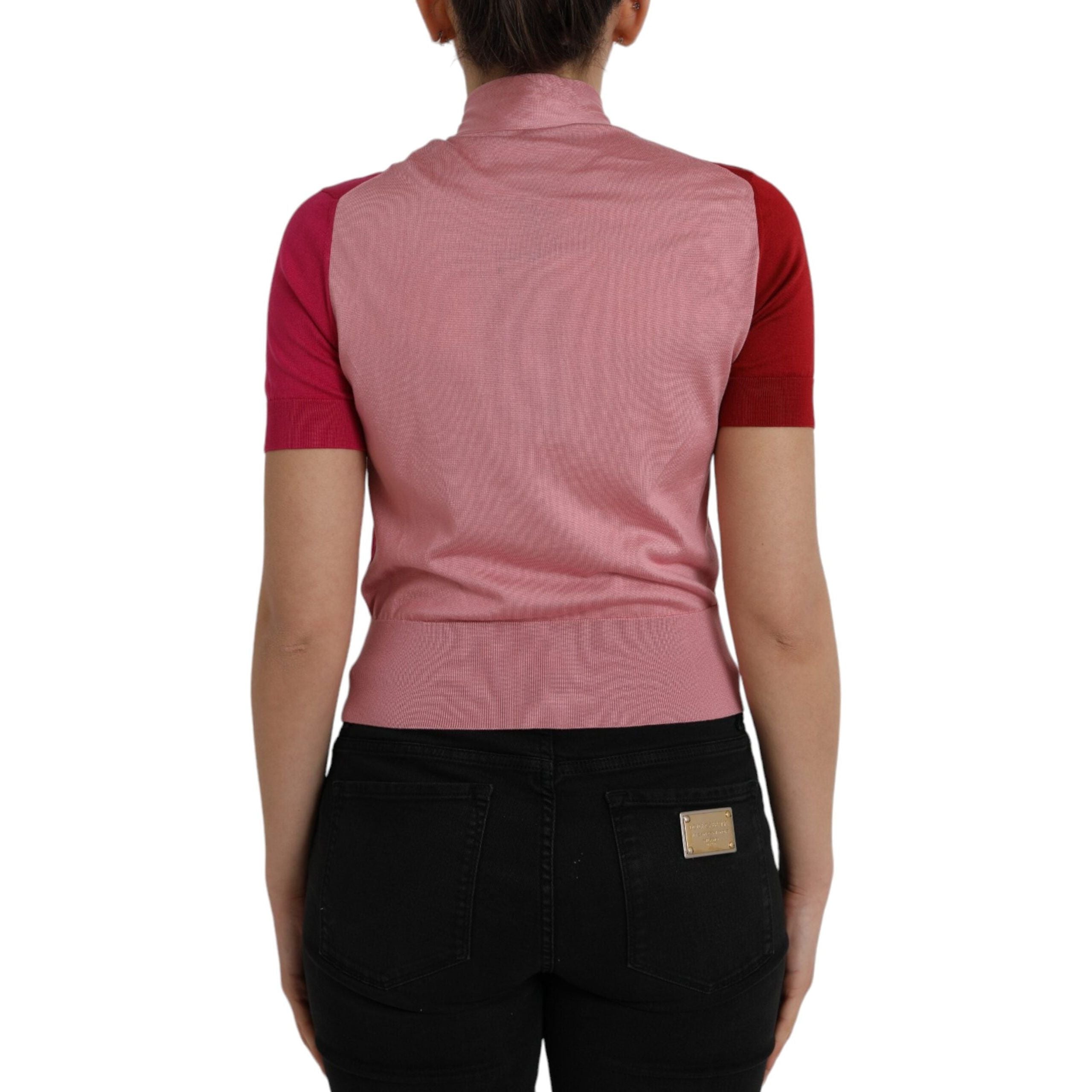 Pink Short Sleeves Pullover Ascot Collar Top