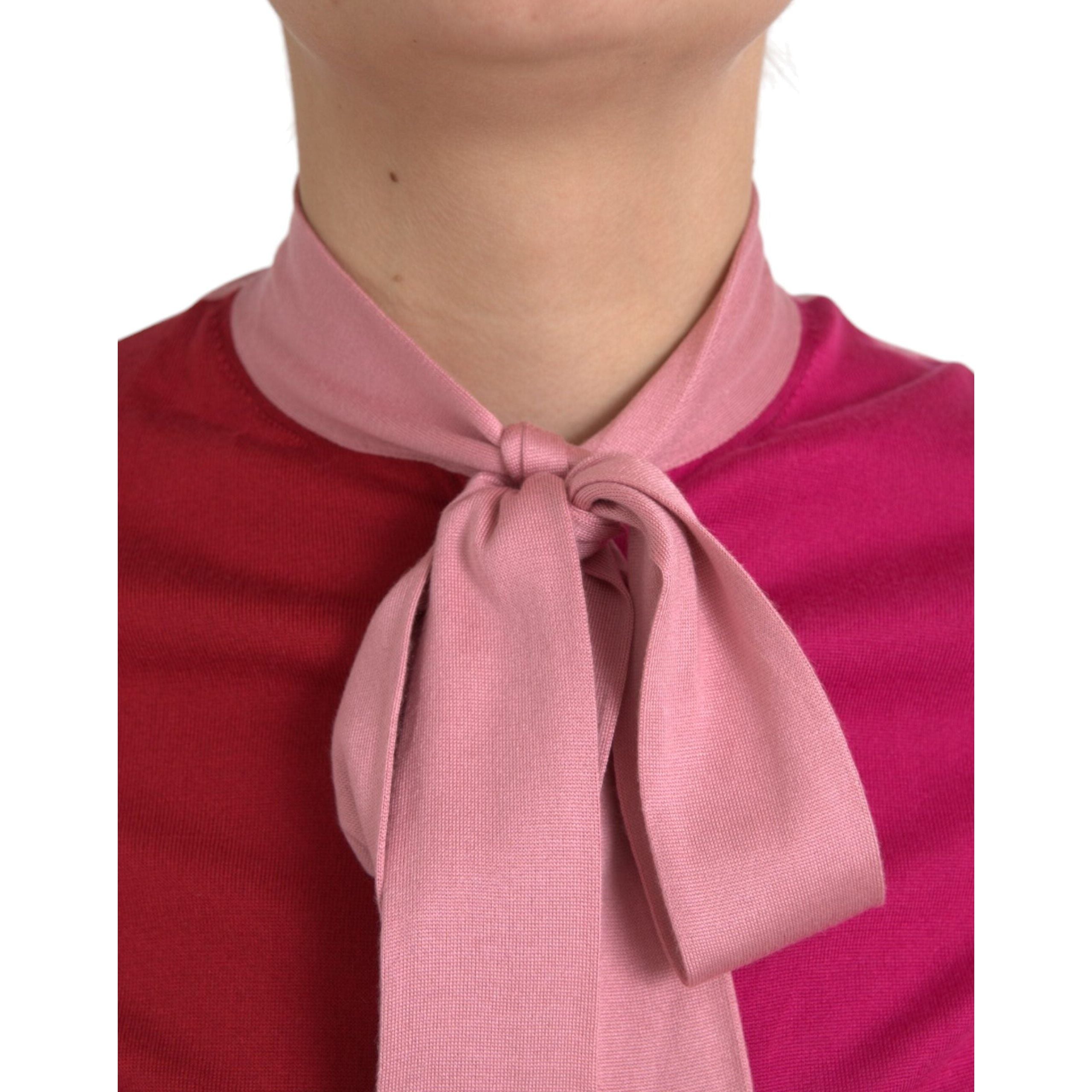 Pink Short Sleeves Pullover Ascot Collar Top