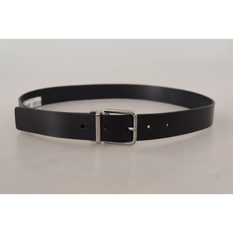 Black Calf Leather Logo Engraved Metal Buckle Belt