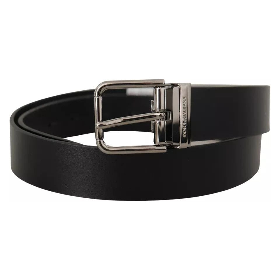 Black Calf Leather Logo Engraved Metal Buckle Belt