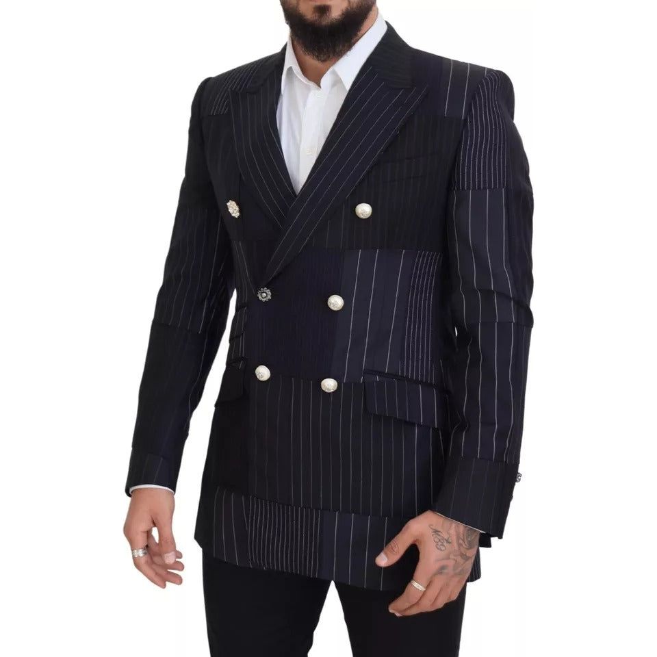 Blue Wool Patchwork Double Breasted Blazer